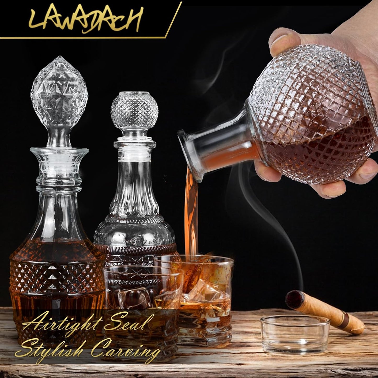 LAWADACH Liquor Decanters Whiskey Decanter Set - Creative Glass Decanter for Liquor,Decanter for Tequila,Bourbon and Vodka Unique Whiskey Presents for Man,Dad and Home Bar Decor(17.6oz*2, 17oz*1)
