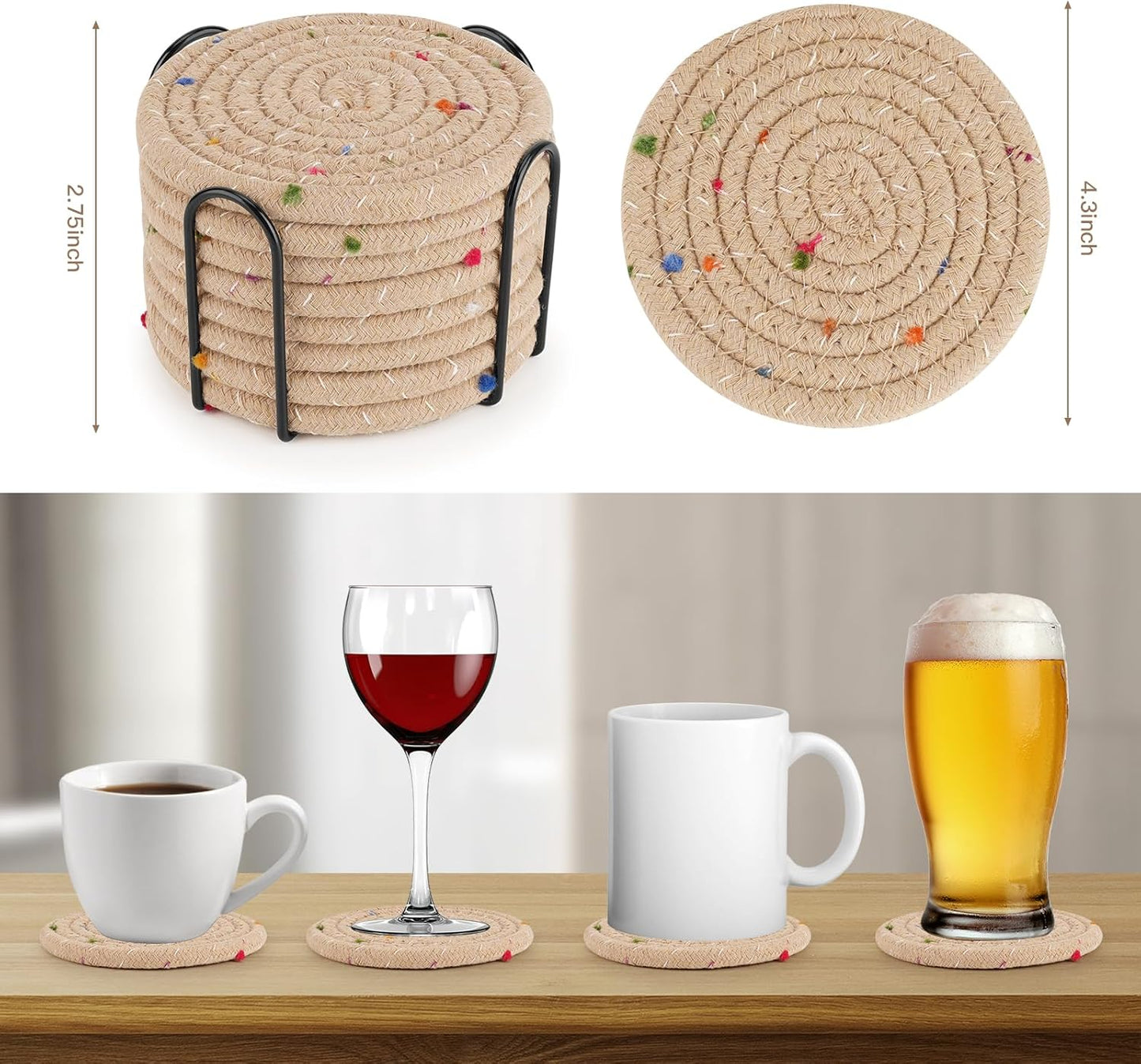 8pcs Handmade Cotton Woven Coasters Set with Holder, Super Absorbent Coasters for Coffee Table Protection, Home Decor