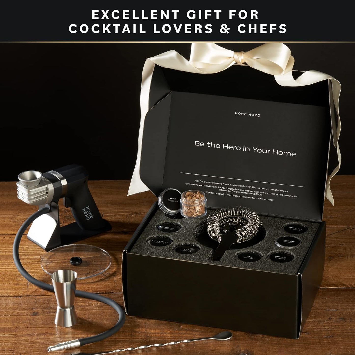 Home Hero Whiskey Smoker Kit - Cocktail Smoker for Old Fashioned & Bourbon Whiskey - Indoor Cold Smoke Generator with 8 Wood Chip Flavors - 8-Piece Set, Black