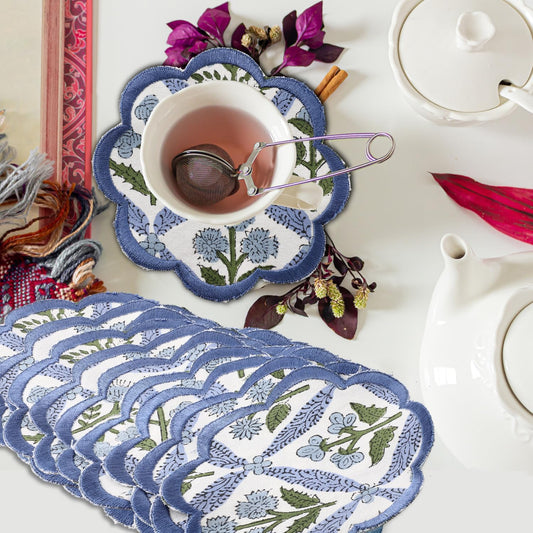 Ridhi Hand Block Print 8- pcs Canvas Cotton Drink Absorbent Stylish Embroidery Scallop Coaster Set Boho Modern Home Decor and Wooden Table Protection 5 inch Light Steel Blue