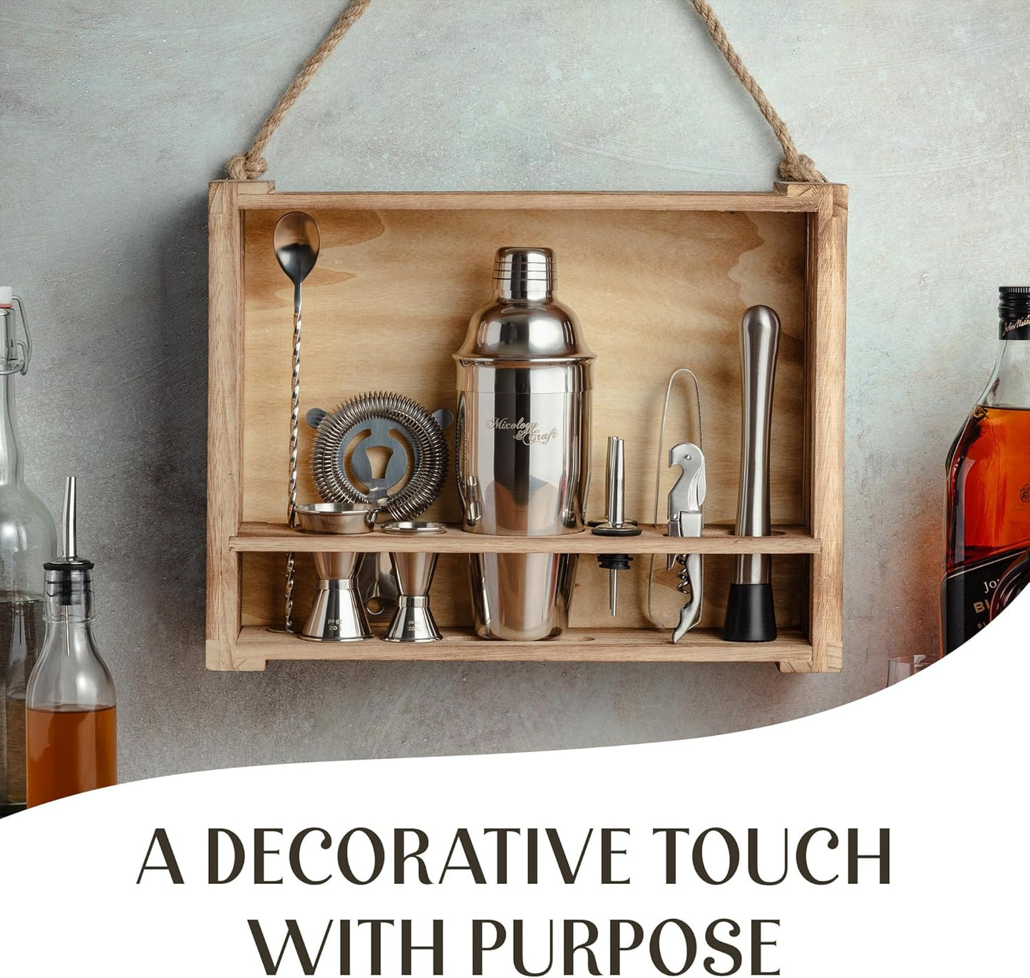 Mixology & Craft Rustic Cocktail Shaker Set – Includes Wood Stand, Complete Barware Kit with 24 Oz Shaker, Dual Jiggers, Pourers, Muddler, Strainer – Perfect for Home Bartenders (Silver)