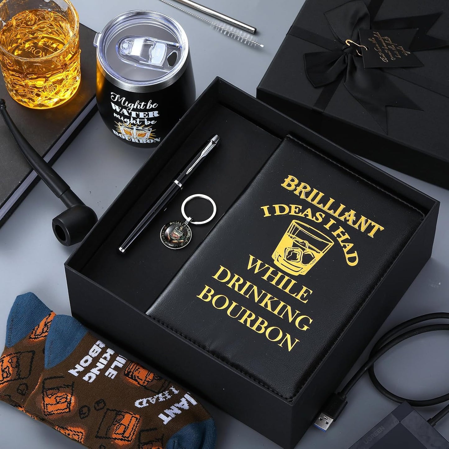 Reallnaive 6 Pcs Bourbon Gift for Men Funny Whiskey Lovers Gifts 12 oz Stainless Steel Cup Socks Keychain Pen Notebook Box for Father's Day Dad Husband Grandpa Bourbon Whiskey Lovers Gift