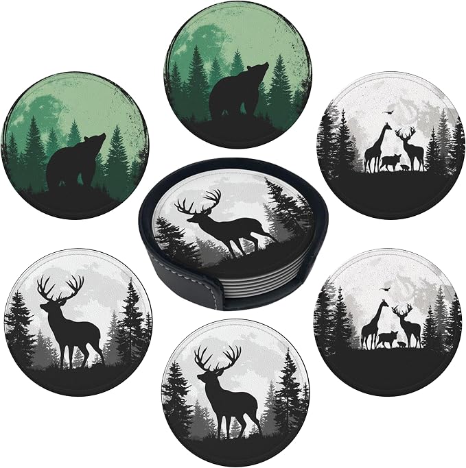 Musical Coasters Leather Round Drink Coasters 6 Pcs Set with Holderor for Cup Drink Coffee Table Bar Home Decor - Deer