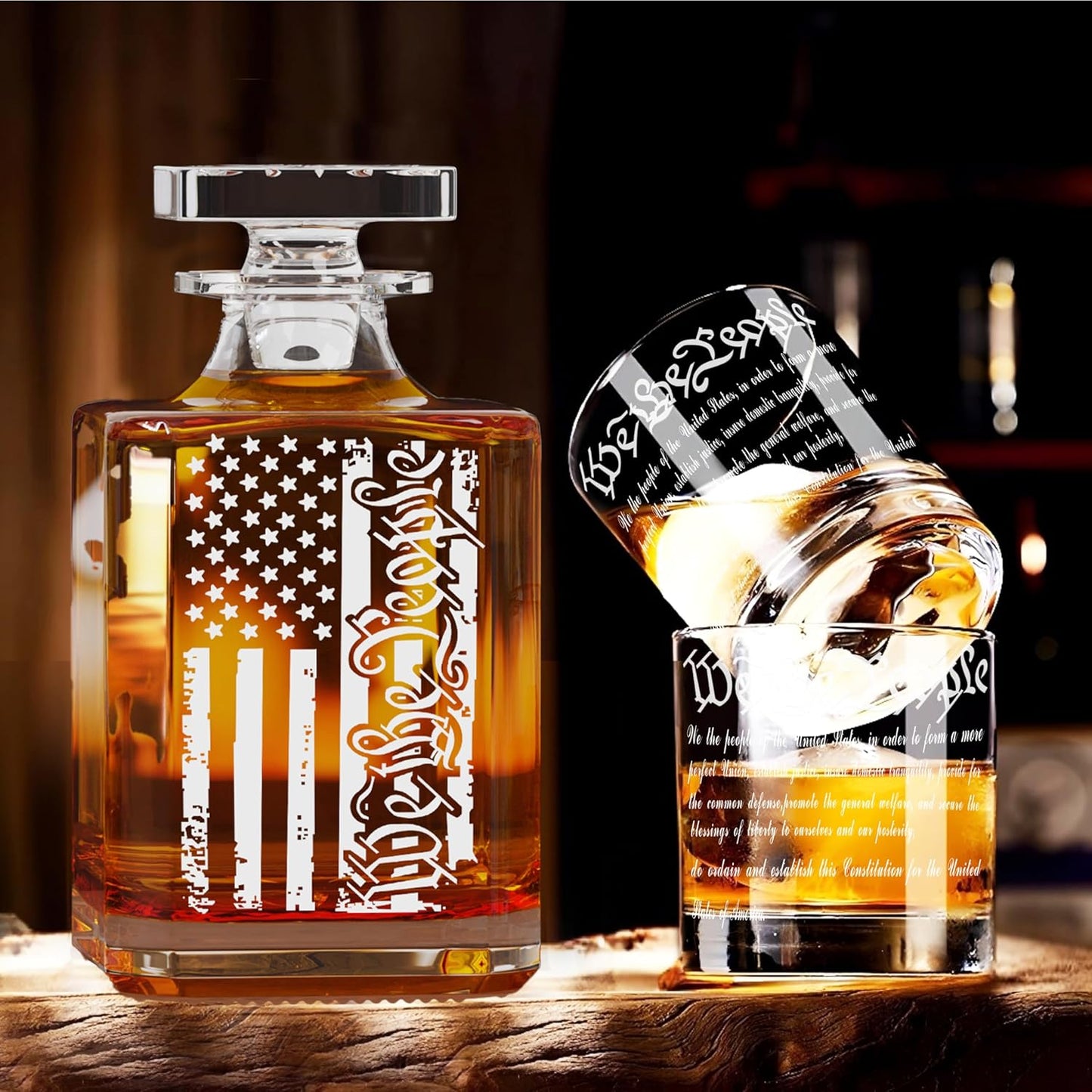 Whiskey Decanter Engraved We The People American Flag Decanter Set with 2 Glasses for Liquor Scotch Bourbon or Wine, Father's Day Patriotic Gift, 250 Anniversary Whiskey Bottle