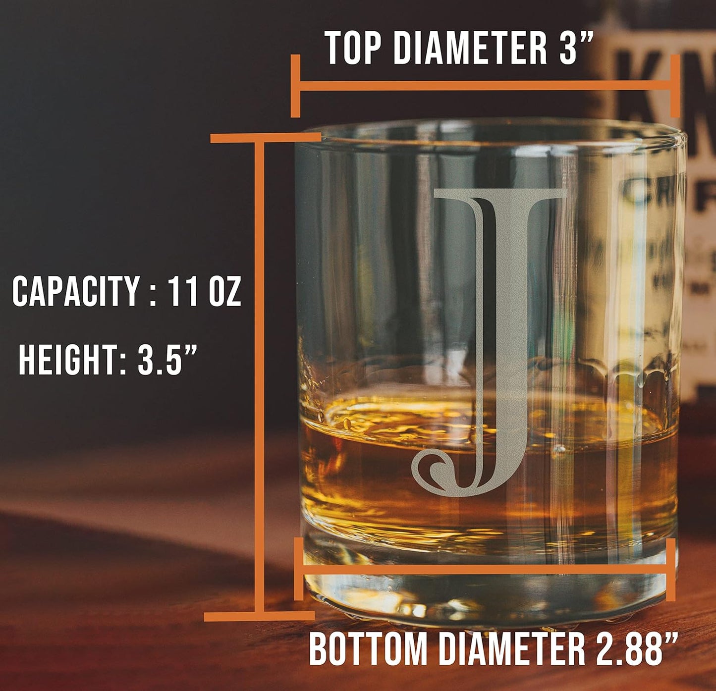 Etched Monogram 11oz Whiskey Rocks Glass (Letter J), A-Z Customized Bourbon Gifts for Men, Father’s Day, Personalized Old Fashioned Scotch Glass, Custom Engraved Gifts for Him, Initial, Name