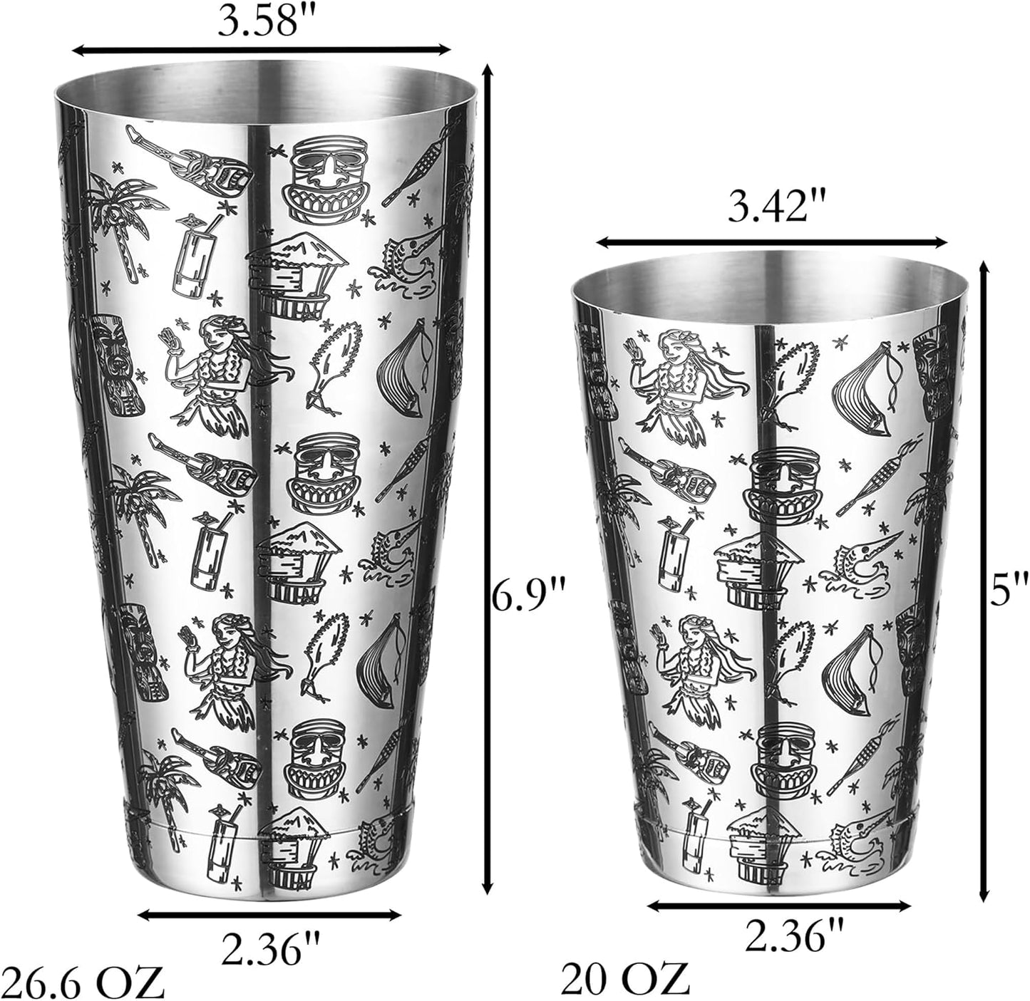 Weighted Boston Shaker Cocktail Shaker Etched with Tiki Imagery (Tiki Graphic)