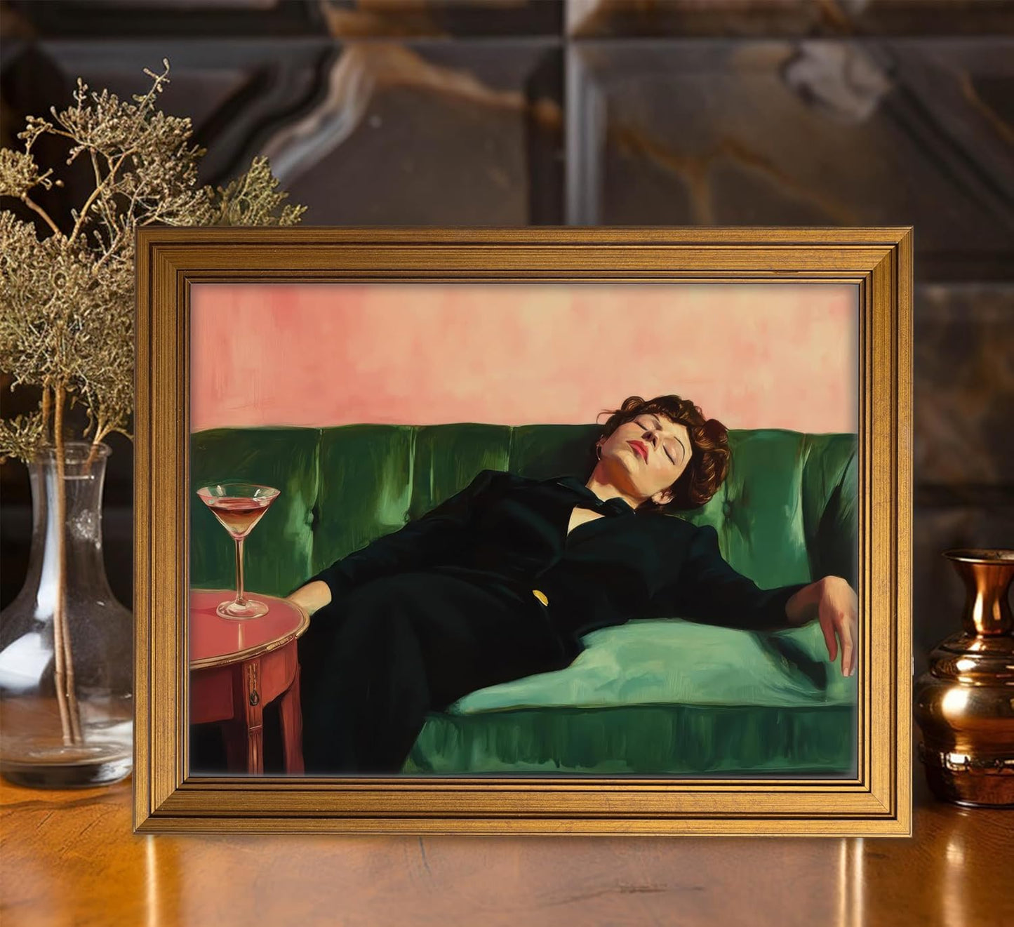 Vintage Gold Framed Bar Wall Art, Victorian Woman and Man on Couch with Martini Oil Painting Canvas Prints, Eclectic Cocktail Picture, Trendy Bar Cart Decor Poster Artwork for Kitchen Dining Room