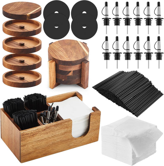Mifoci 5 Tier Multifunctional Acacia Wood Bar Glass Rimmer Bartender Tool with 12 Pcs Stainless Steel Classic Bottle Pourer Bar Caddy with 6 Compartment 1000 Pcs Coffee Cocktail Stirrers 200 Napkins