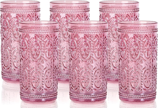 Darlion 6 Pack Pink Glassware Drinking, 12oz Highball Embossed Beverage Glass Cup, Vintage Drinking Glasses, Colored Water Glasses for Party Wedding Home Office and Gift
