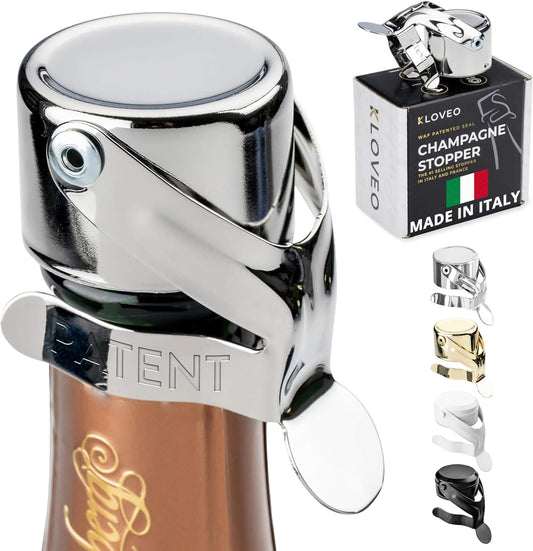 KLOVEO Champagne Stoppers - WAF Patented Seal - Made in Italy - Chrome