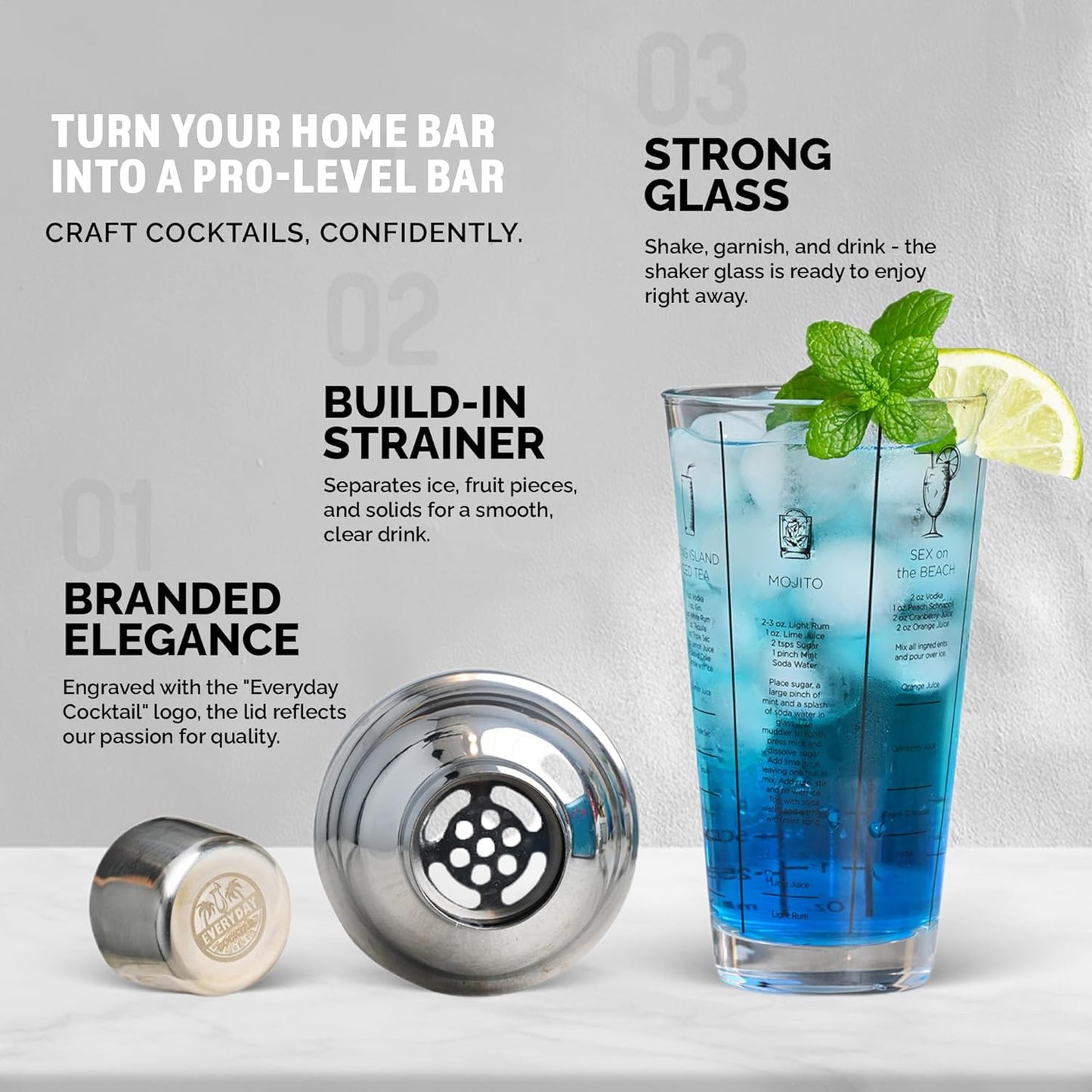 EVERYDAY COCKTAIL - Professional Glass Cocktail Shaker 14 oz, Martini Shaker with Recipes and Measurements, Built-in Strainer and Leakproof Seal, Clear Bar Tool for Margaritas, Martinis