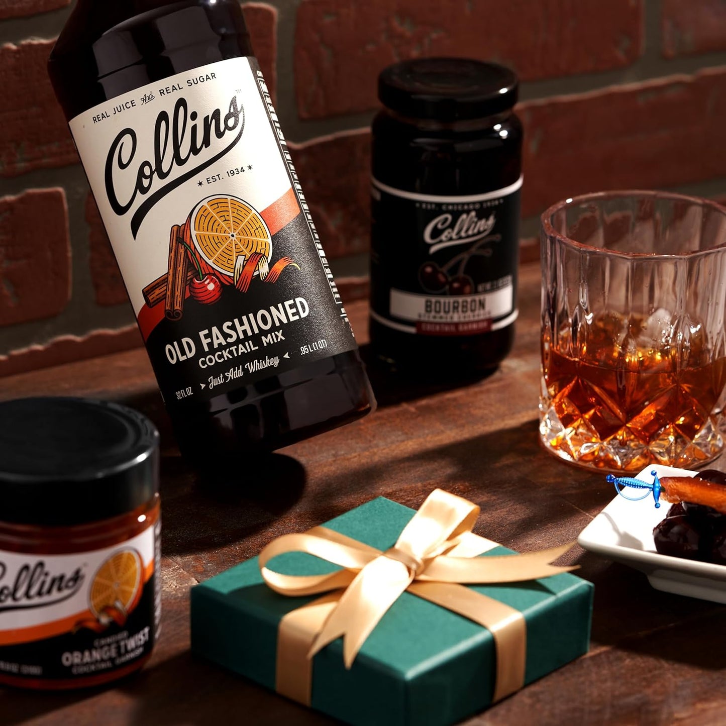 Collins Old Fashioned Kit, Cocktail Gift Set with Old Fashioned Mix, Bourbon Cherries, Candied Orange Garnish & Picks, Mixology Gift Set of 4 for Party Drinks, Holiday Celebrations and Christmas Gifts