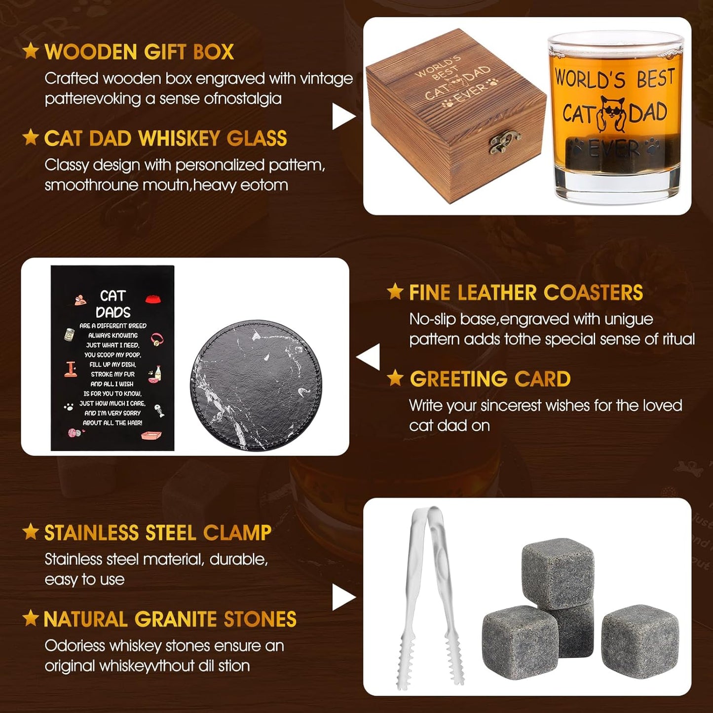 Bayelove Cat Dad Gifts, Best Gift for Dad, Gift with 12oz Whiskey Glasses, Stones, Coaster, Wooden Box for Catfather