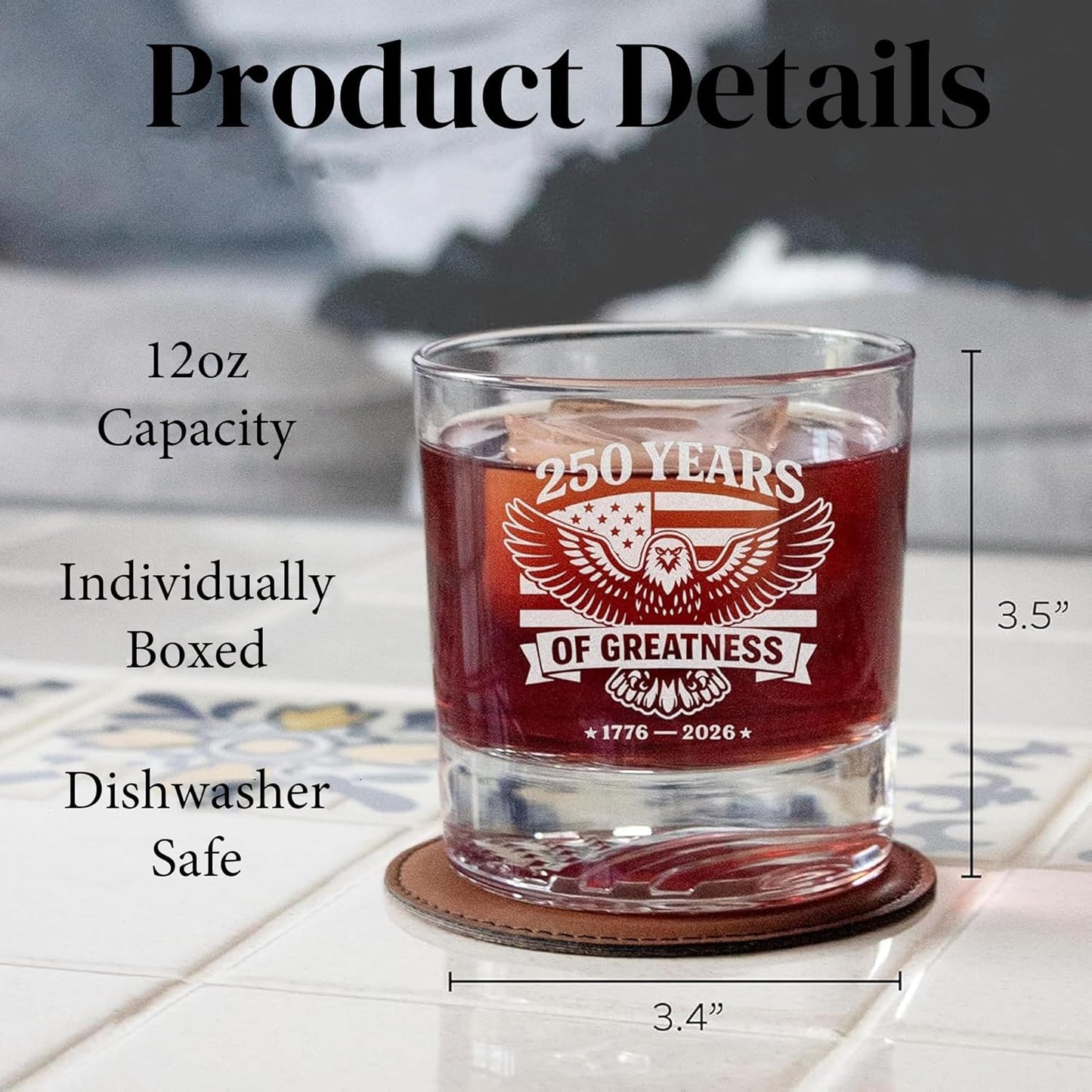 United States 250th Anniversary Whiskey Glass with American Eagle - Laser Engraved Bourbon Glass, Patriotic Gift, Whiskey for Dad, Men, Veteran - America 250 Merchandise, USA Flag Icon