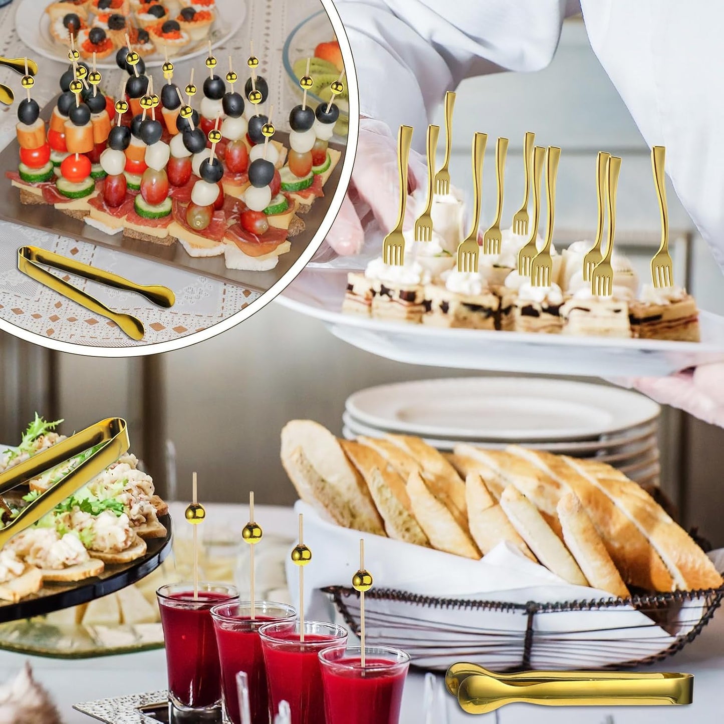 Therwen 184 Pcs Gold Serving Utensils Set 72 Plastic Appetizer Forks 100 Cocktail Toothpicks 12 Stainless Steel Tongs Charcuterie Utensils for Family Festival Party Weddings Appetizers Desserts