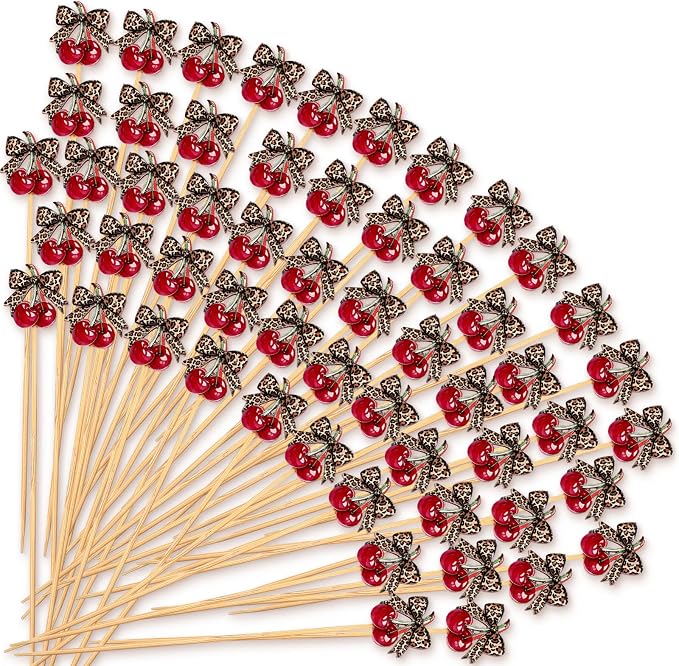 Bokon 200 Pcs Tea Party Theme Cocktail Picks Bamboo Teapot Toothpick - Cherry Leopard Print / Multicolor