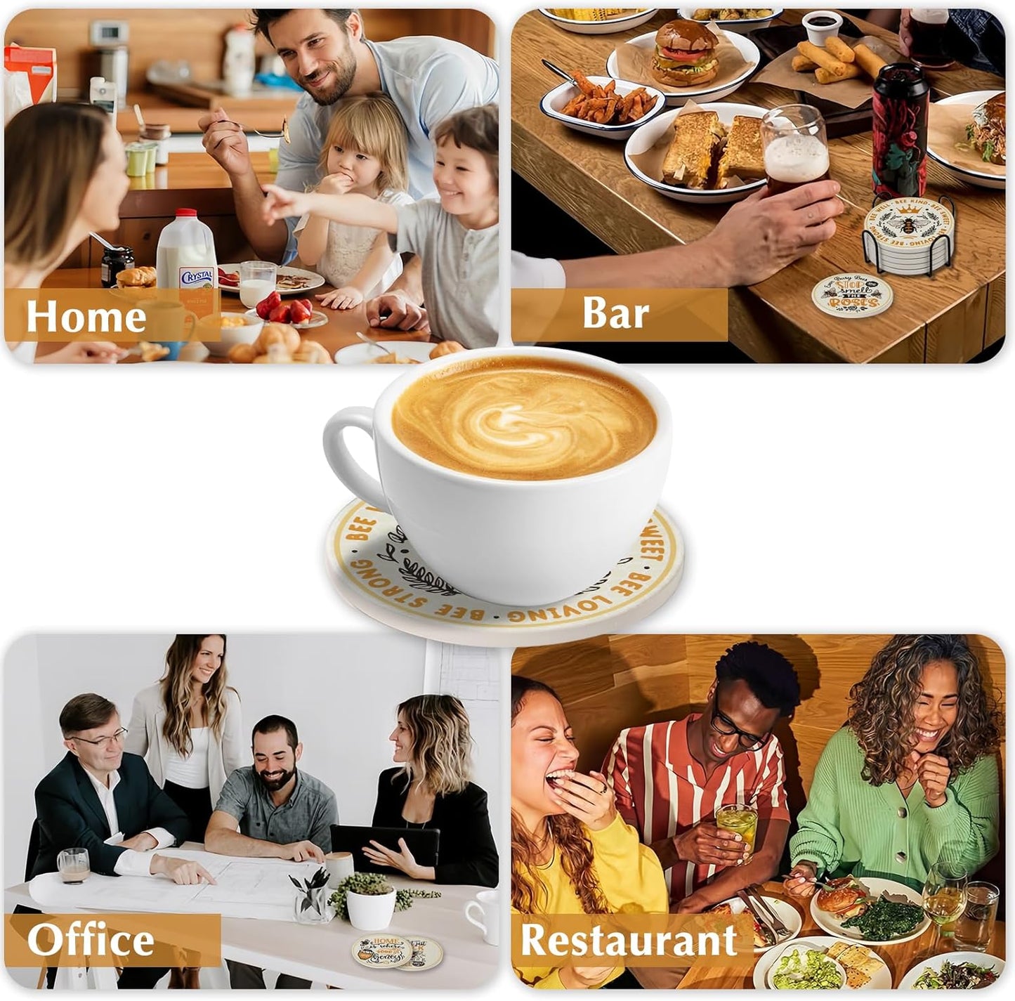 House Warming Gift Coasters Set of 6,Drink Absorbent Coasters with Holder, Coffee Table Decor Ceramic Stone Coaster for New Home,Apartment Kitchen Bar Living Room (Bee-Honeycomb)