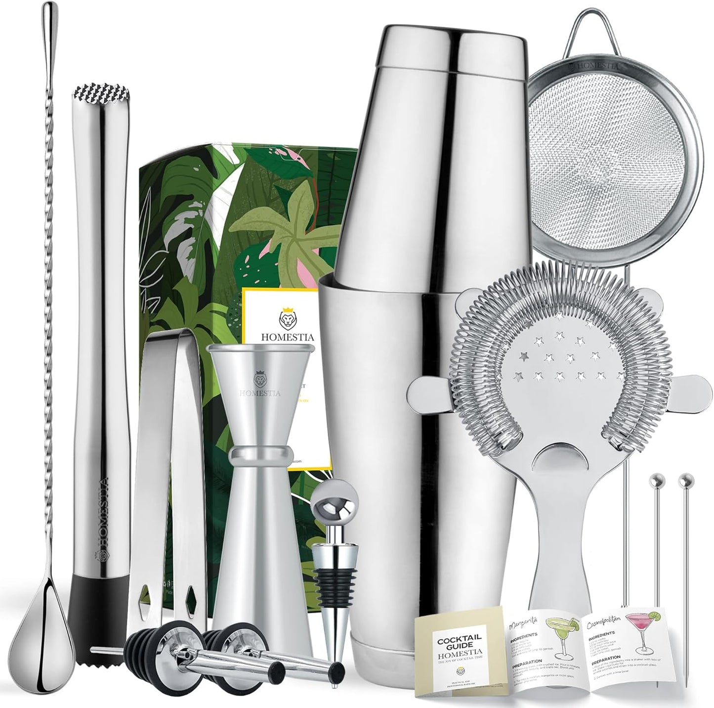 Homestia Boston Shaker Set Mixology Bartender Kits Bar Tool Set, Stainless Steel Martini Shaker Set, 12 Pcs Cocktail Bartending Kits Barware Bartender Sets for Home Bar Party, (Silver)