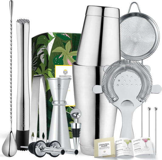 Homestia Boston Shaker Set Mixology Bartender Kits Bar Tool Set, Stainless Steel Martini Shaker Set, 12 Pcs Cocktail Bartending Kits Barware Bartender Sets for Home Bar Party, (Silver)