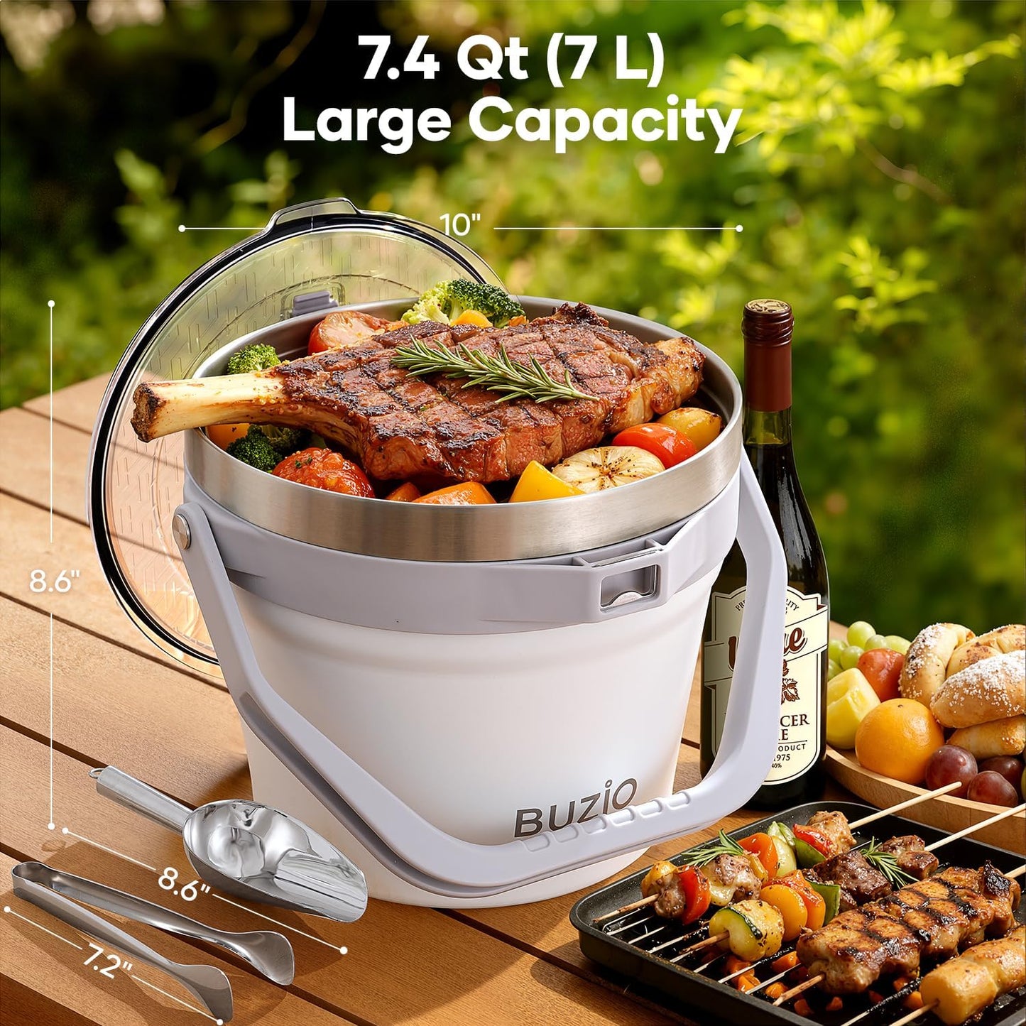 BUZIO 7.4 Qt/7 L Ice Bucket for Parties with Lid and Scoop & Tongs, Double Wall Vacuum Insulated Stainless Steel, Holds 6 Longnecks or 3 Wine Bottles, Large Beverage Bucket for Champagne, White