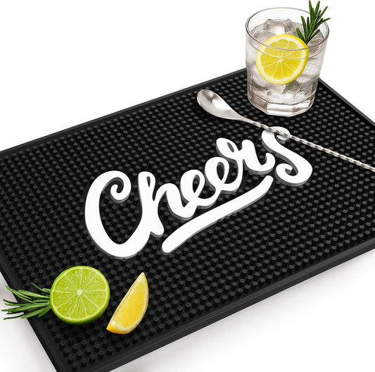 Cheers Bar Mat - 18"x12" Rubber Bar Mat for Home Bar, Wet Bar & Countertop, Non-Slip Spill Mat for Cocktail Station, Coffee Bar & Bar Cart, Home Bar Gift - Cheers