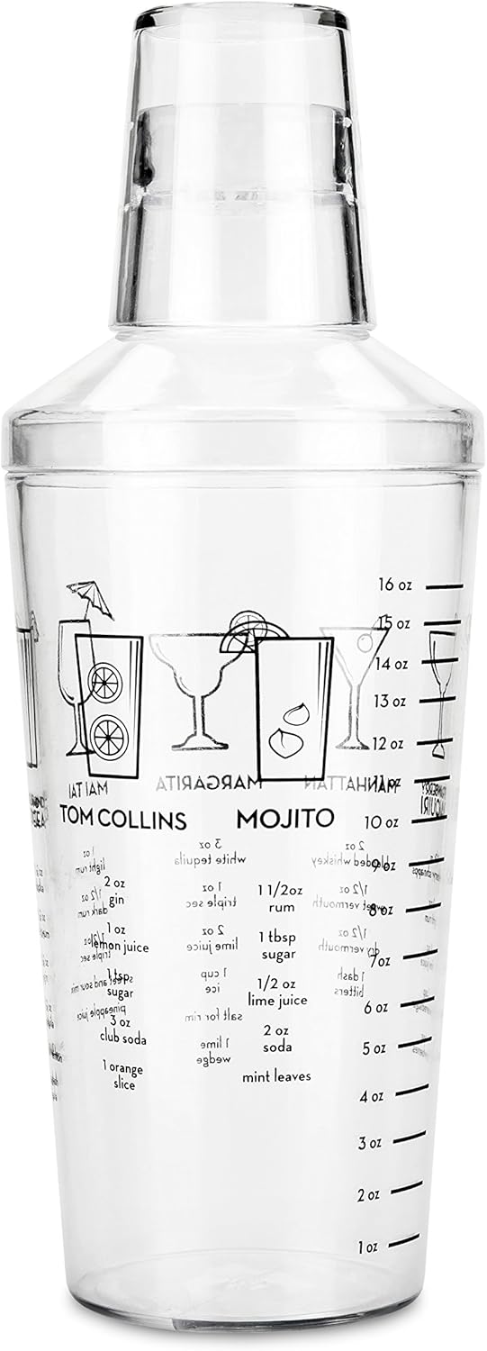True Maraca Cocktail Shaker with Built In Strainer, Drink Mixer with 7 Classic Drink Recipes & Measurements, Perfect for Game Nights, BBQ, House Party, Picnic, Home Bar Accessories, 16 oz, Set of 1