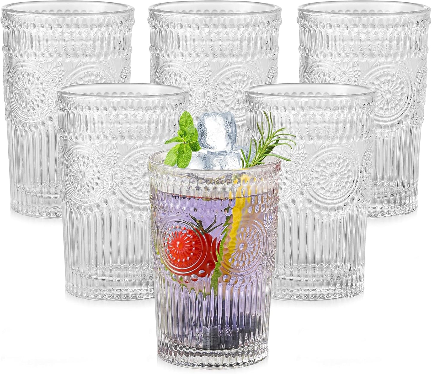 ZMOWIPDL Vintage Glassware Drinking Glasses Set of 6,13 oz Clear Textured Flower Design Glass Water Tumblers，Embossed Striped Drinkware for Water,Cocktails,Juice,Iced Coffee
