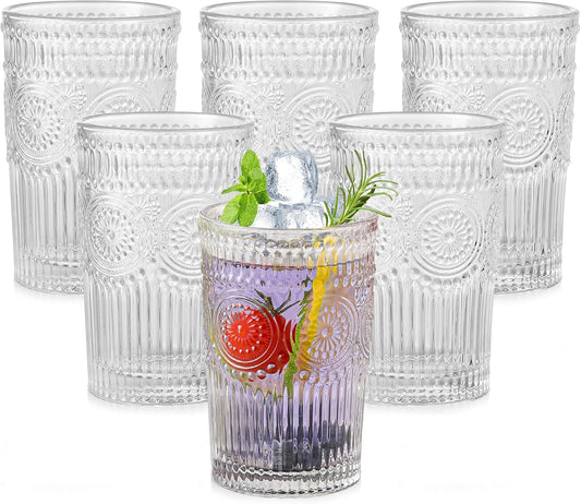 ZMOWIPDL Vintage Glassware Drinking Glasses Set of 6,13 oz Clear Textured Flower Design Glass Water Tumblers，Embossed Striped Drinkware for Water,Cocktails,Juice,Iced Coffee