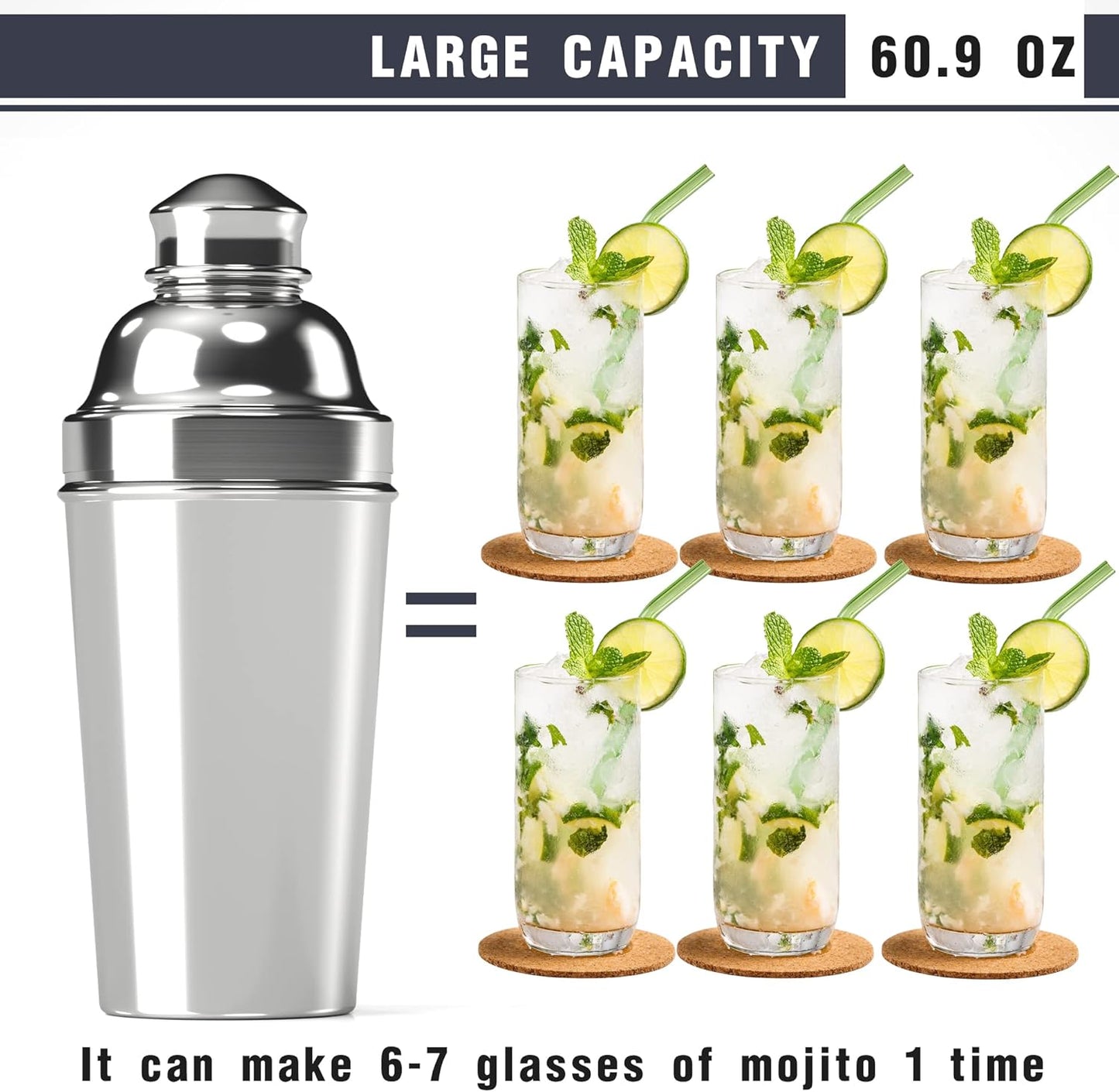 Stainless Steel Professional Cocktail Shaker - 60 oz Large Drink Shaker with Strainer for Bartending - Margarita Mixer