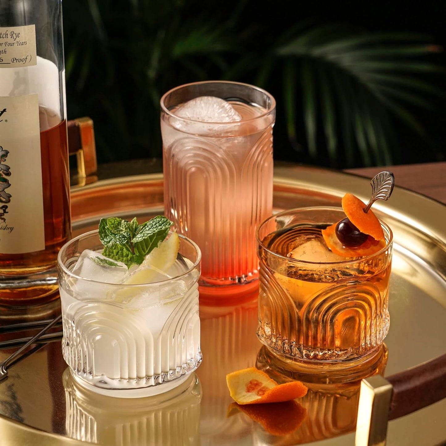 Viski Beau Lowball Tumblers Set of 4, Vintage Crystal Whiskey Glasses for Old Fashioneds, Scotch & Bourbon, Art Deco Cocktail Glasses with Arch Design for Home Bar, Birthday Gifts for Men, 11 oz
