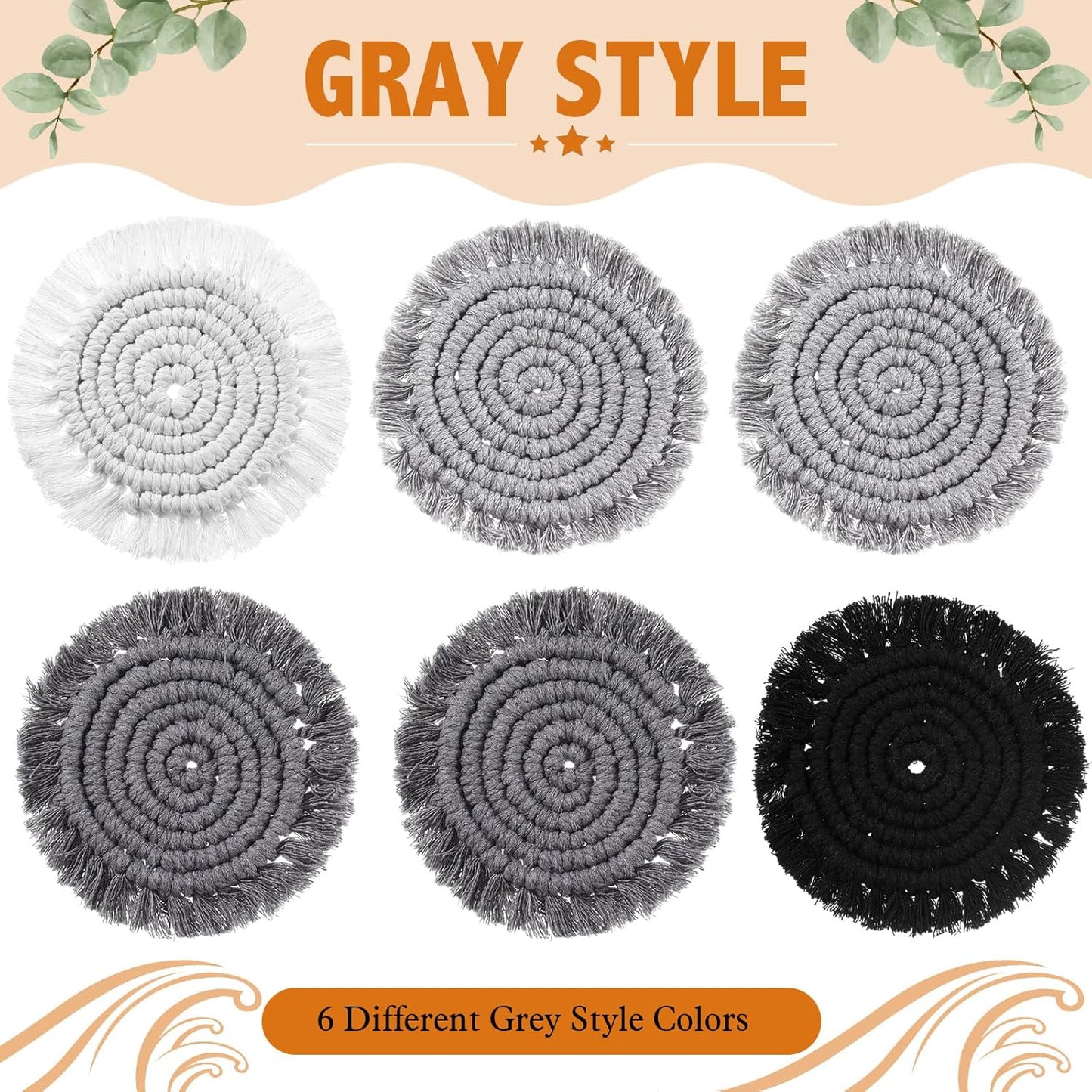 Coasters Set of 6 for Drinks Boho Absorbent Woven Cotton Coaster with Holder Farmhouse Tassel Macrame Cup Mat Housewarming Gift for Coffee Table Home Kitchen Office Decoration, 4 in(Gray)