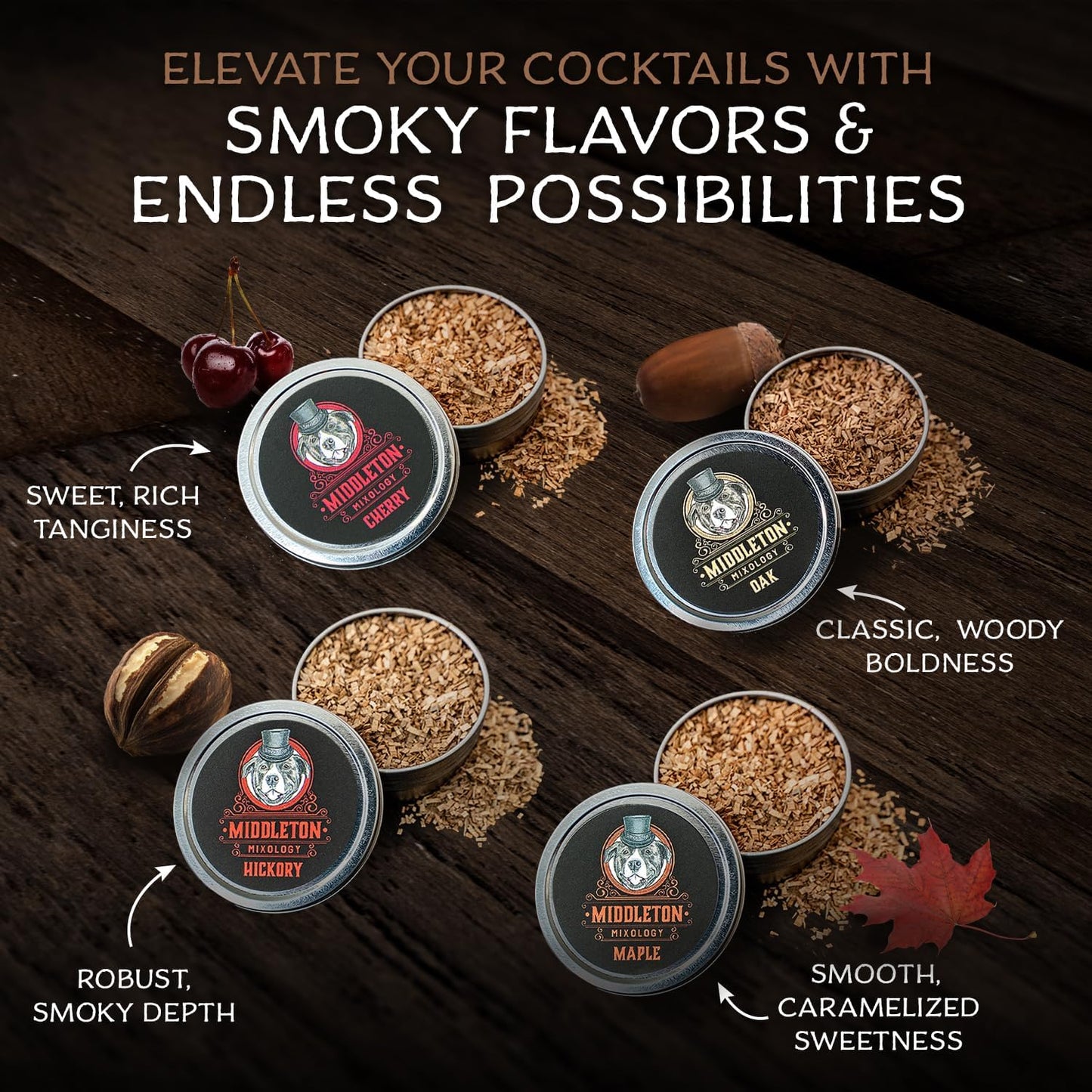 SmokeTop® 4 Pack of Wood Chips - Cocktail Smoker Chips for Old Fashioned Cocktails, Whiskey, & Bourbon - Made in The USA (Cherry, Hickory, Maple, Oak)