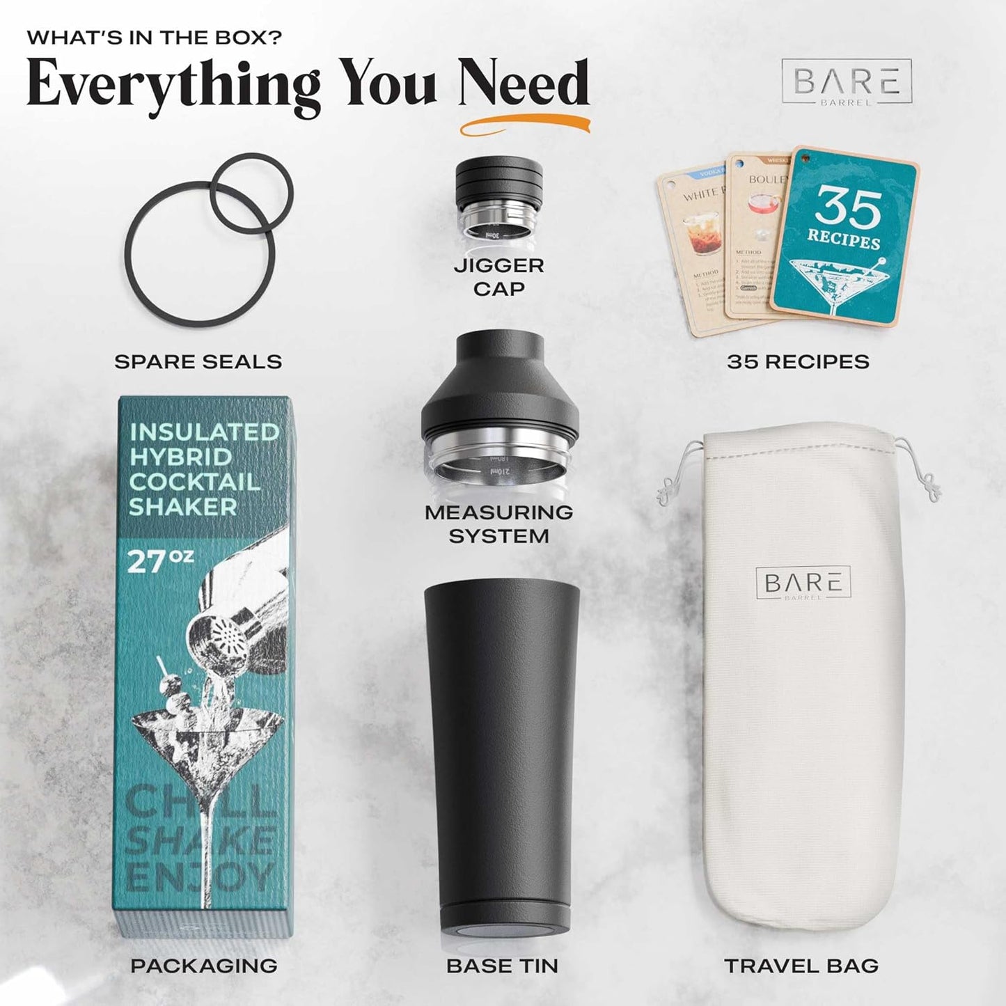 BARE BARREL Insulated Cocktail Shaker Set | Double Wall Stainless Steel | Martini Shaker for Home Bar Bartending | Built-in Drink Measure System & Strainer, Travel Bag, Recipes | Gift Set (Matt Black)