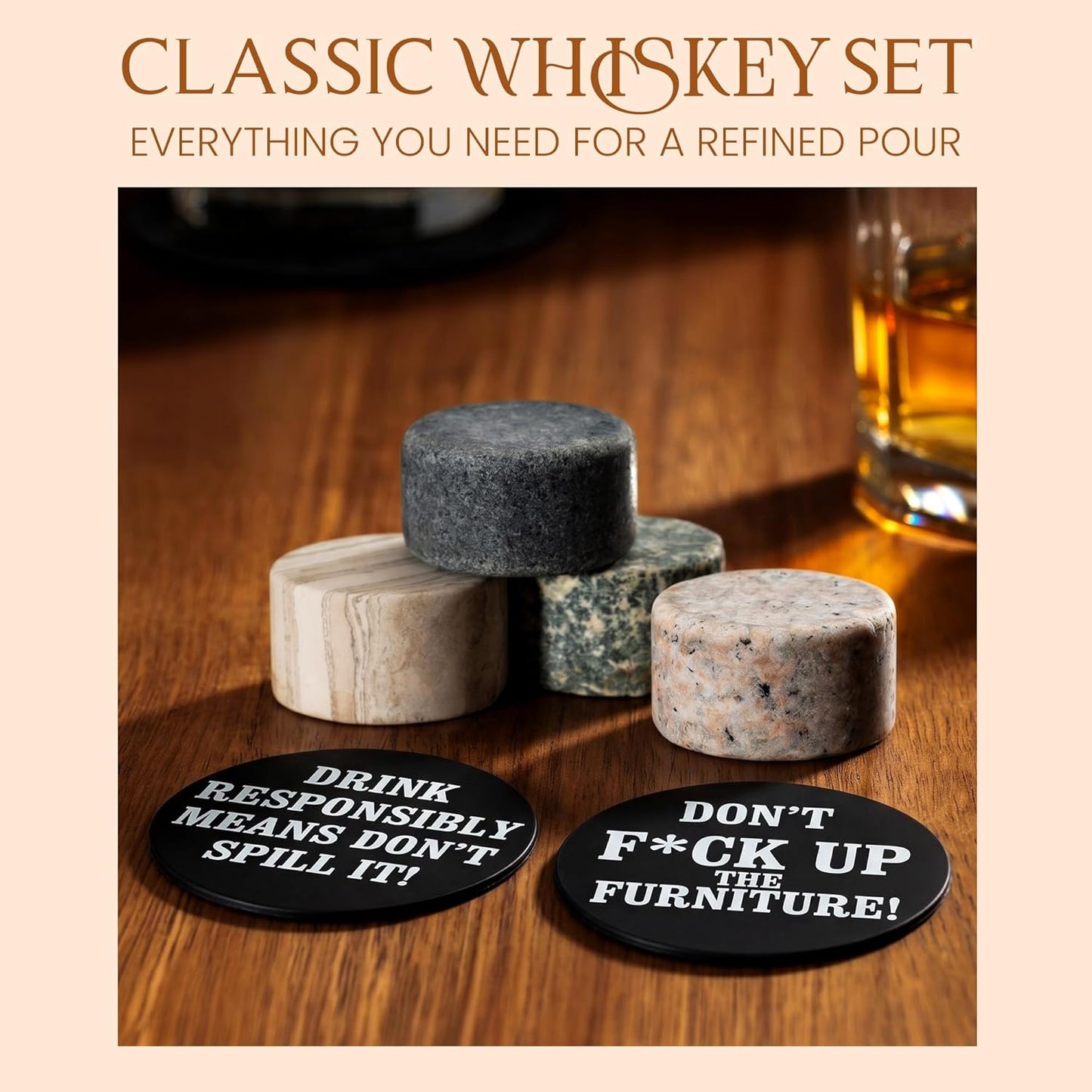 Mixology & Craft Whiskey Stones Set - 6 Circular Granite Bourbon Chilling Rocks - Great Whiskey Gifts for Men, Fathers, Groomsmen Gifts
