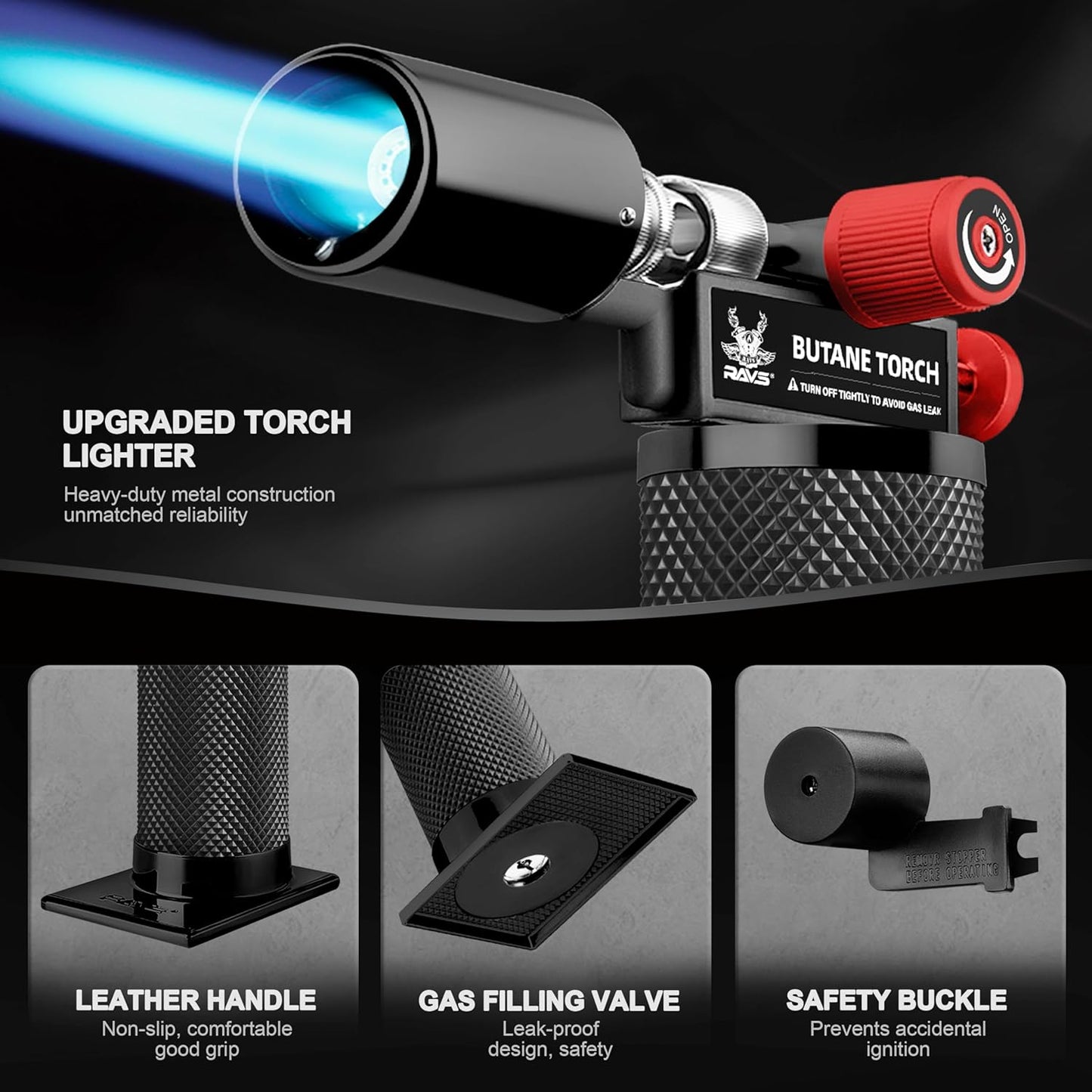 RAVS Butane torch, Kitchen Torch Lighter with Adjustable Flame & Safety Buckle, Creme Brulee Torch for Cooking, Dessert, Baking, Gifts for Men and Women (Black/Red), Butane Gas Not Included