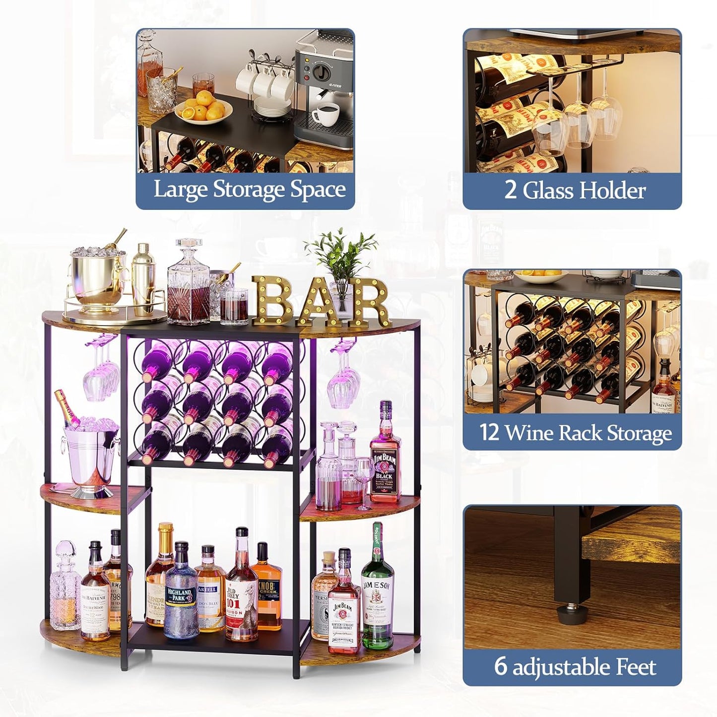 JKsmart Wine Bar Cabinet with LED Lights, Mini Wine Rack with Storage and Glass Holder, Small Home Bar Cart for Liquor, 3-Tier Bar Table for Kitchen, Dining Room, Living Room, Rustic Brown