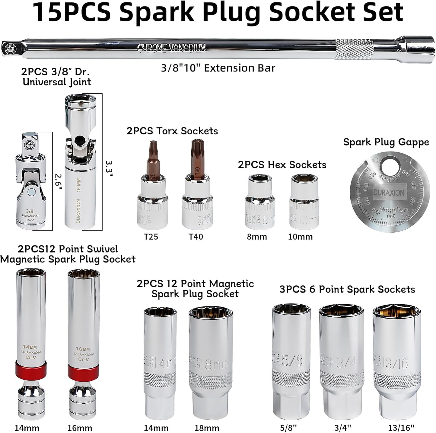 16PCS 3/8" Drive Torque Wrench with Magnetic Spark Plug Socket Set, ±3% Precision Dual Direction Torque Wrenches with 72-Tooth Dual Range Scales with Ft.Lbs and N.m(5-45ft.lb/6.8-61Nm)