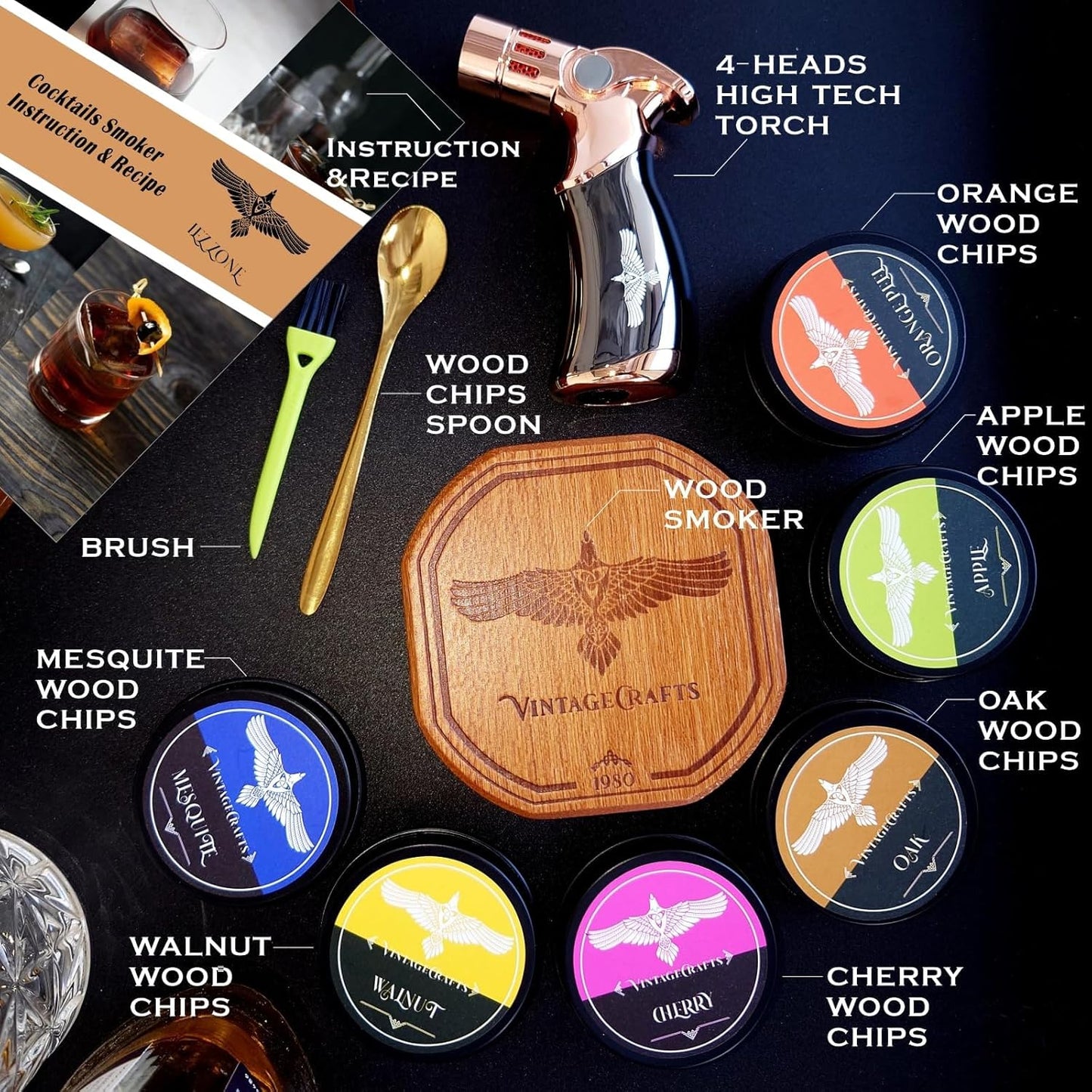 Whiskey Smoker Kit with Torch, Drinks| Cocktail Smoker Kit| Bourbon Smoker Kit with Torch,6 Flavor of Wood Chips,Old Fashioned Smoker Kit,Smoked Whisky Gift for Father's Day (No Butane Incl.)