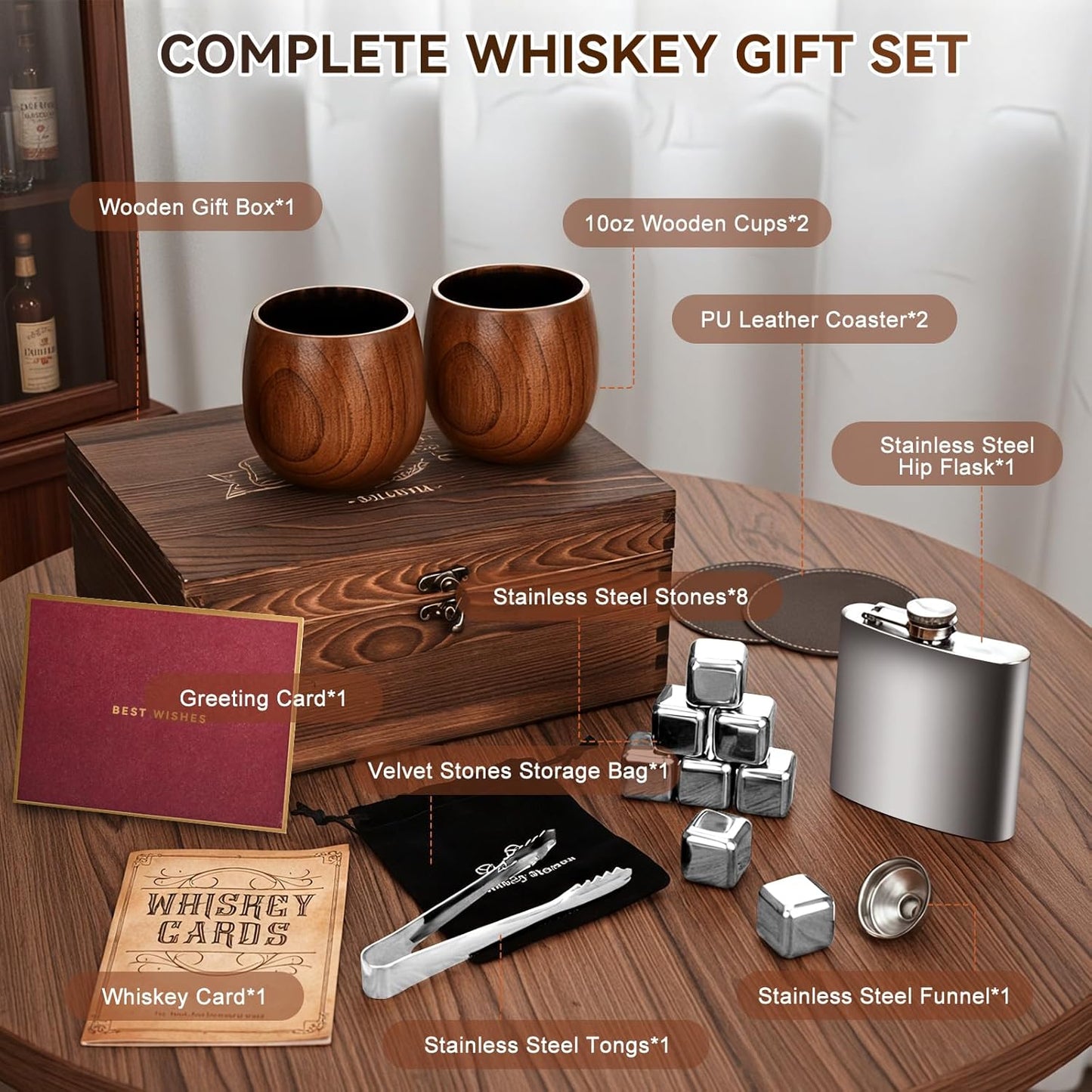 Charred Wooden Bourbon Drinking Glass Wooden Whiskey Glasses Set of 2 17-Piece Complete Whiskey Gift Set Old Fashioned Glass Bourbon Gifts for Men (Silver Accents)