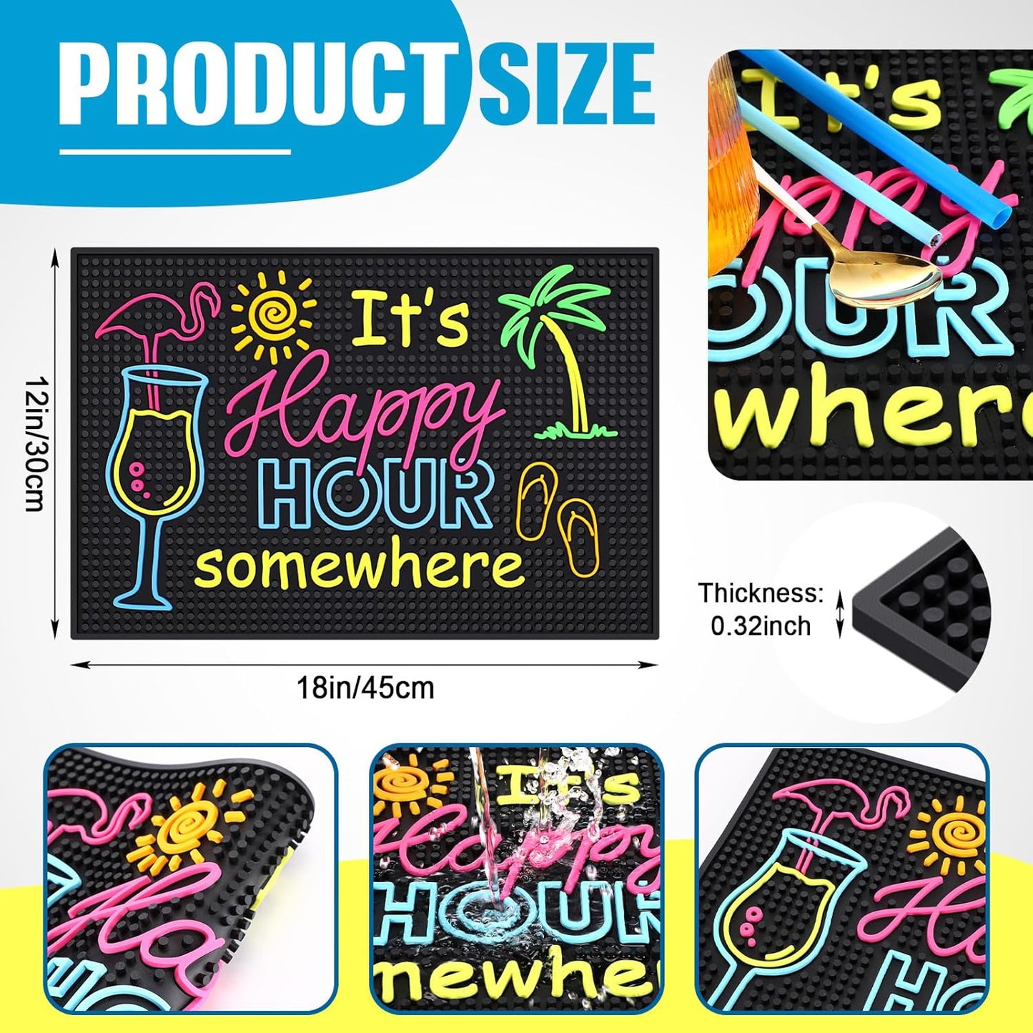 Jingmore Rubber Bar Mat for Bartending Coffee Bar Mat for Countertop Non Slip No Spill Tiki Table Pad for Home Cocktail Accessories(18 x12 Inch,Happy Hour Somewhere)