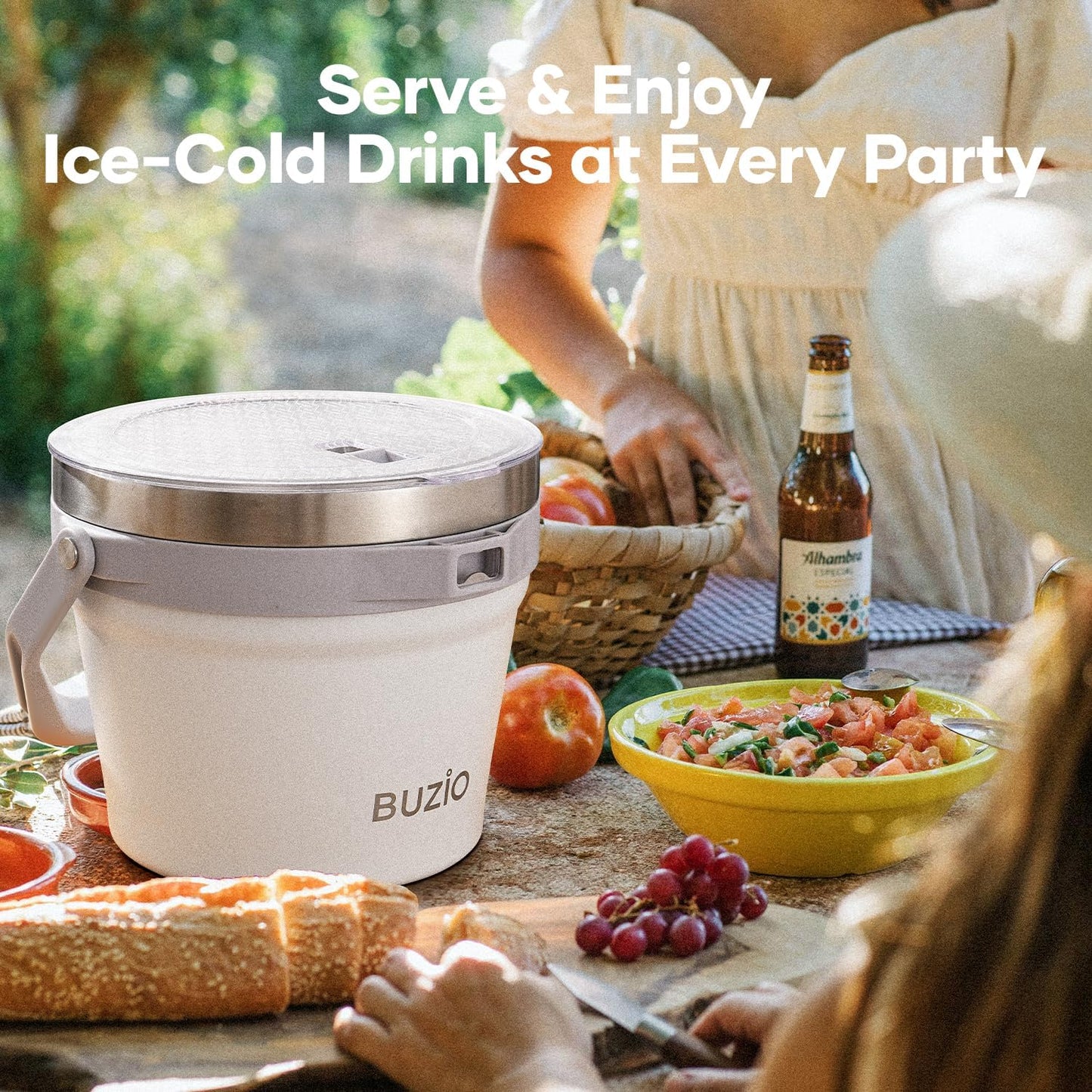BUZIO 7.4 Qt/7 L Ice Bucket for Parties with Lid and Scoop & Tongs, Double Wall Vacuum Insulated Stainless Steel, Holds 6 Longnecks or 3 Wine Bottles, Large Beverage Bucket for Champagne, White