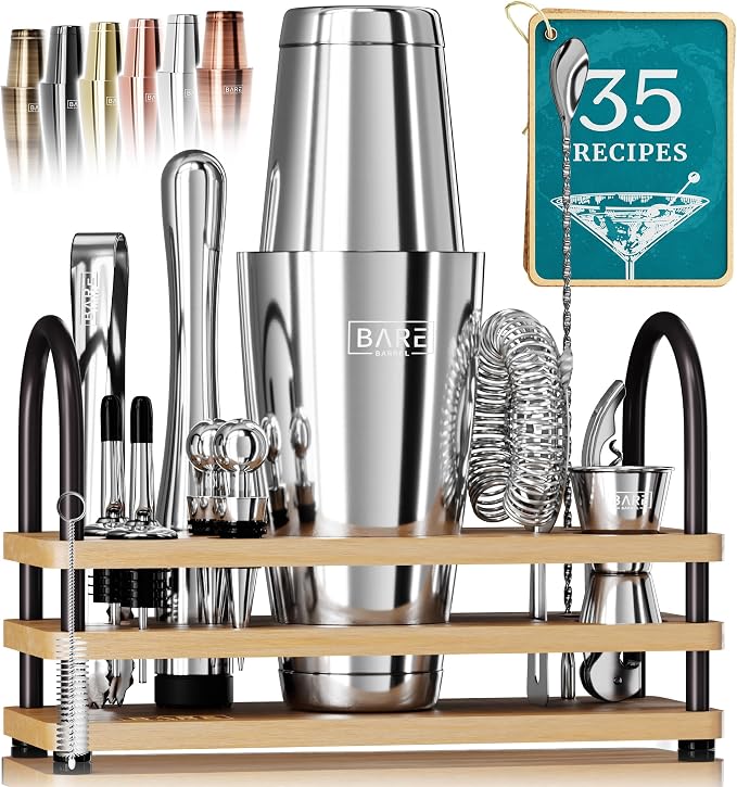 BARE BARREL® Mixology Bartender Kit Bar Set | 14-Piece Cocktail Shaker Set | Martini Barware Mixing Tools for Home Bartending | 35 Recipe Cards | Gift Set (28oz Boston Shaker, Jet Black/Black) - Silver/Natural