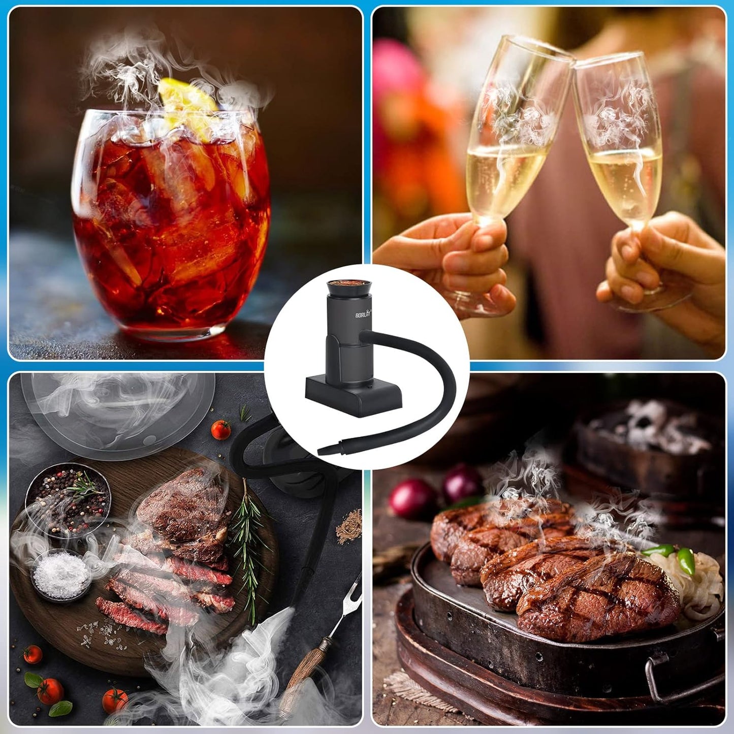 BORUIT Smoking Gun Cocktail Smoker Gun Includes Wood Chips and Accessories,Portable Drink Smoker,Indoor Food Smoker Infuser Kit for Cocktails,Meat,BBQ,Cheese,Veggies & Sous Vide（Black)
