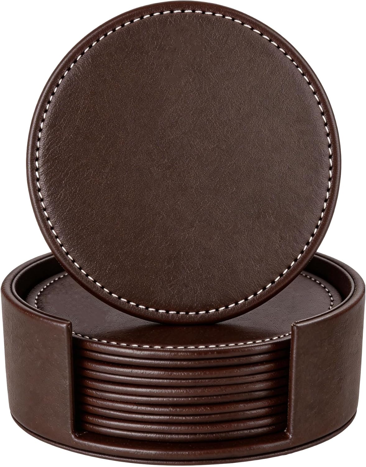 Leather Coasters for Drinks(6 Pack), Handmade Durable Drink Coasters Set with Holder for Tabletop Protection, Luxurious Home Décor and Housewarming Gift (Brown)