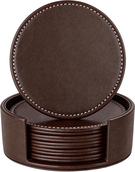 Leather Coasters for Drinks(6 Pack), Handmade Durable Drink Coasters Set with Holder for Tabletop Protection, Luxurious Home Décor and Housewarming Gift (Brown)