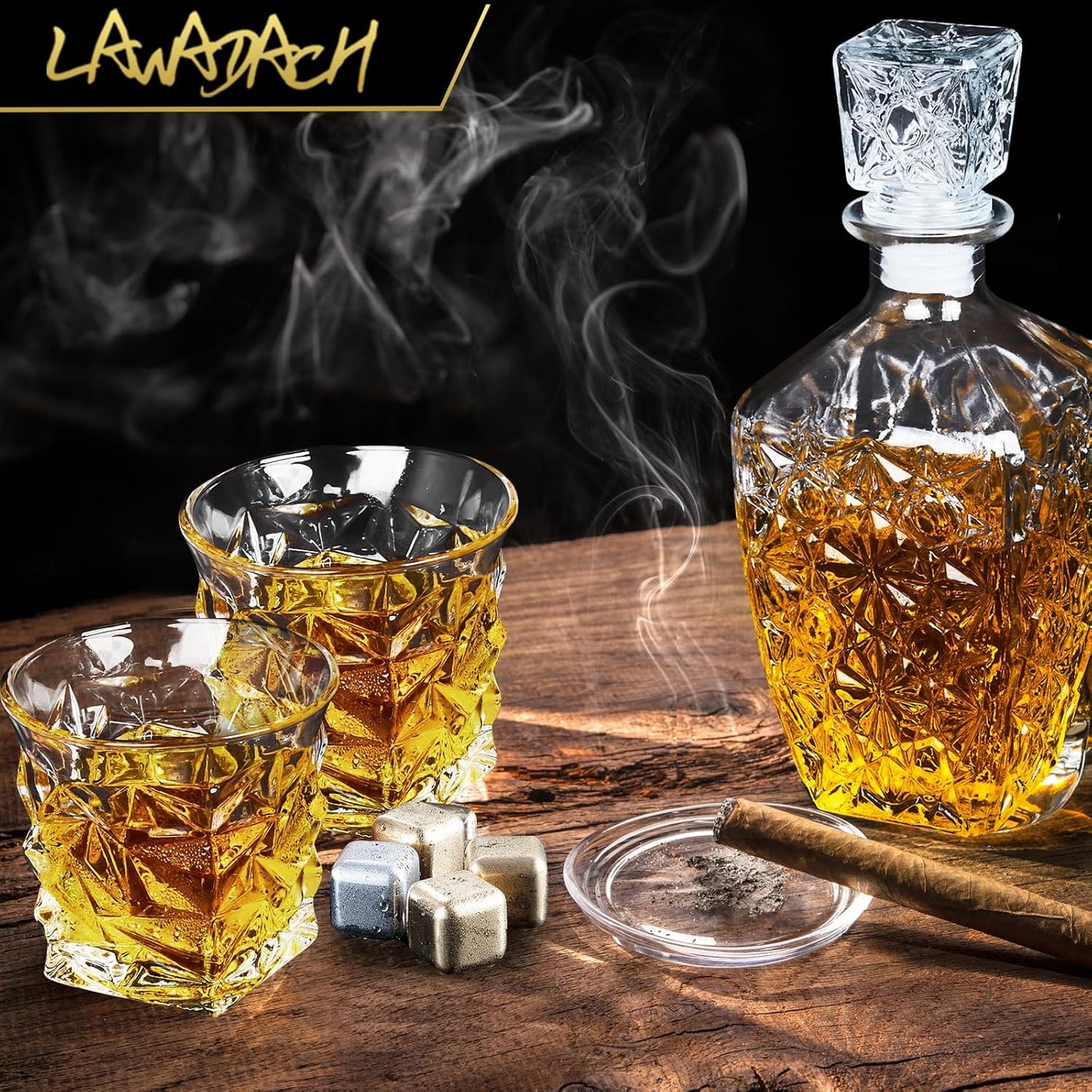 LAWADACH Whiskey Decanter Set,Liquor Decanter Set with 2 Glasses,Decanter set for Men,Decanter for Tequila,Bourbon,Rye,Gifts for Men,Dad,Home Bar Decor - 28oz