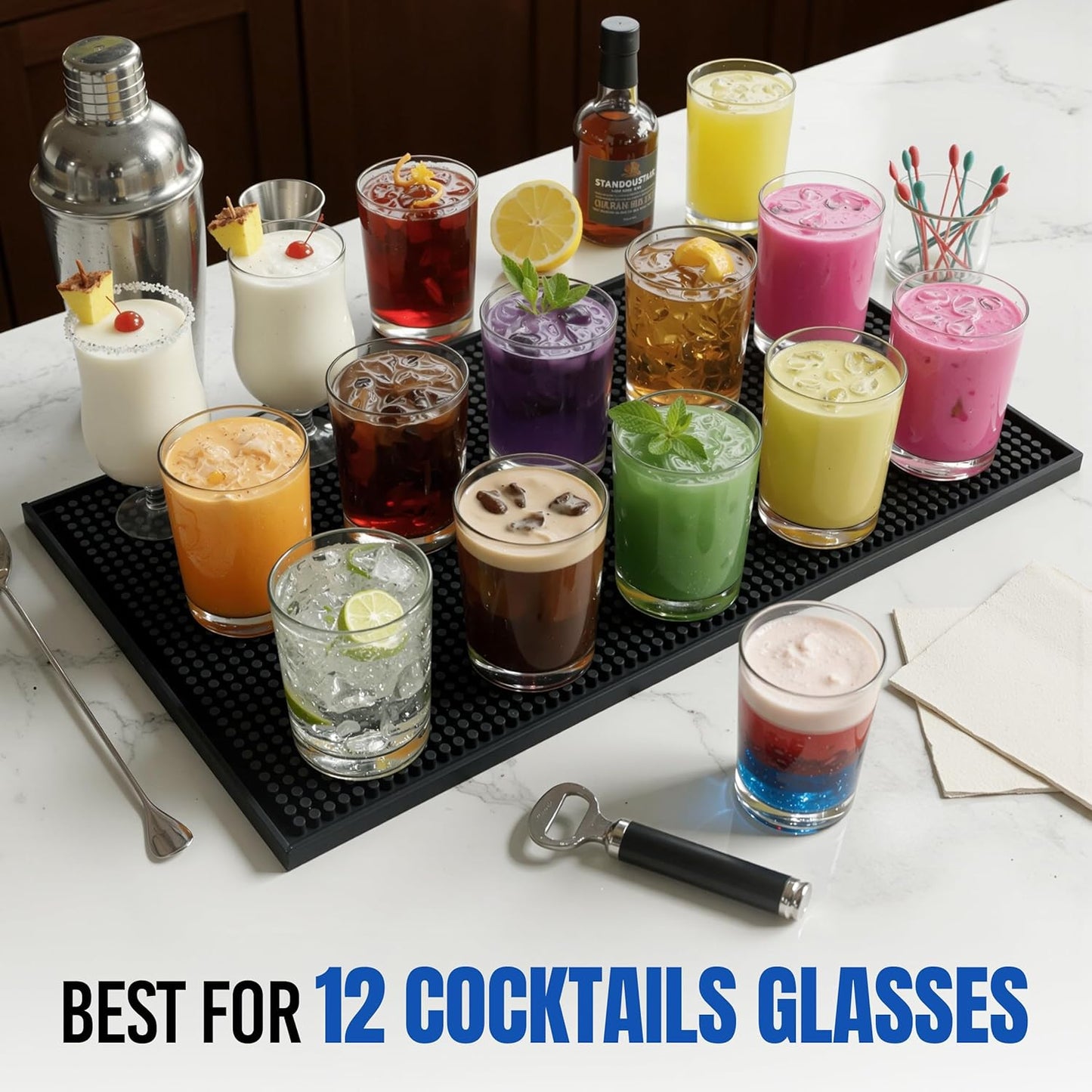 Commercial Standard Bar Mats 4 Pack, 18 x 12 Inch Rubber Non Slip Service Mats for Cocktail Mixing, Coffee Bar Drying, Dish & Countertop Protection for Bars & Cafes (Black)