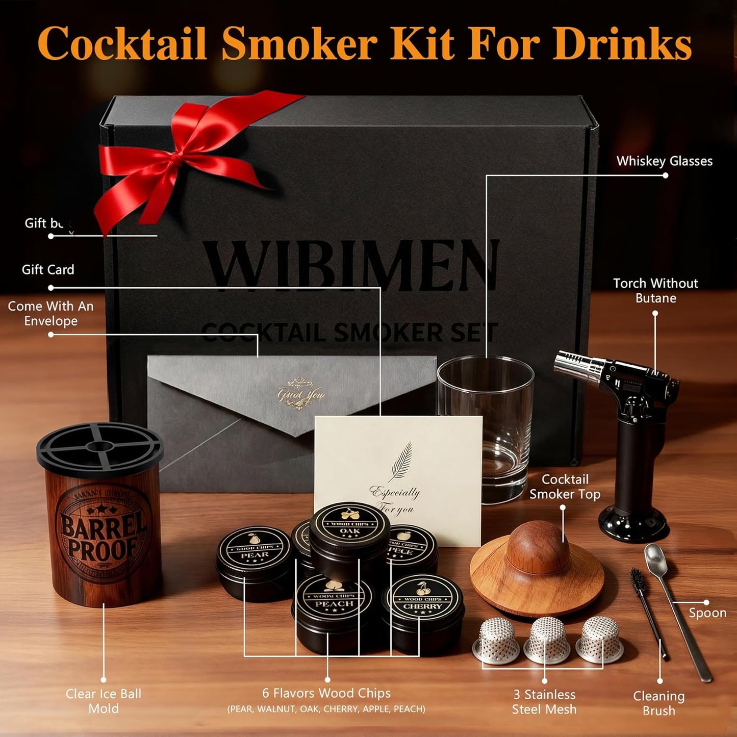 Whiskey Smoker Kit with Torch –Old Fashioned Smoker Kit for Bourbon & Whiskey – Drink Smoker Set with Wood Chips– Gift for Men, Dad, Husband/Father (1，Smoker Kit & Ice Ball Molds & Glasses)