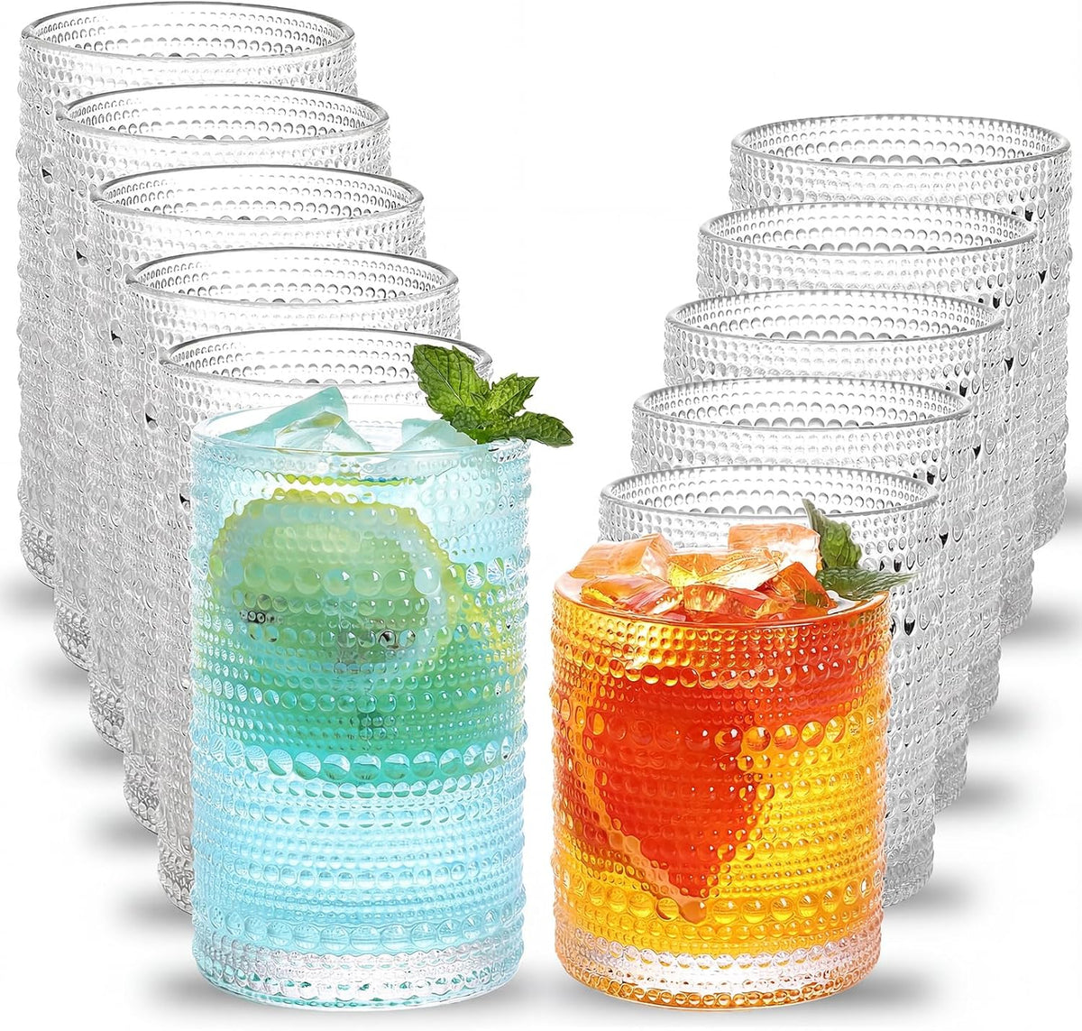 Moretoes Hobnail Drinking Glasses Set of 12 Vintage Water Glass Cups - 10oz+12oz