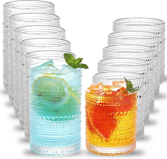 Moretoes Hobnail Drinking Glasses Set of 12 Vintage Water Glass Cups - 10oz+12oz
